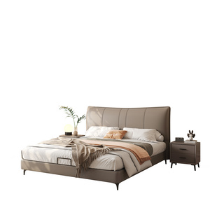 King Size Upholstered Platform Bed with First Layer Cowhide Padded Headboard Modern Luxury Bed Frame with Slats Support