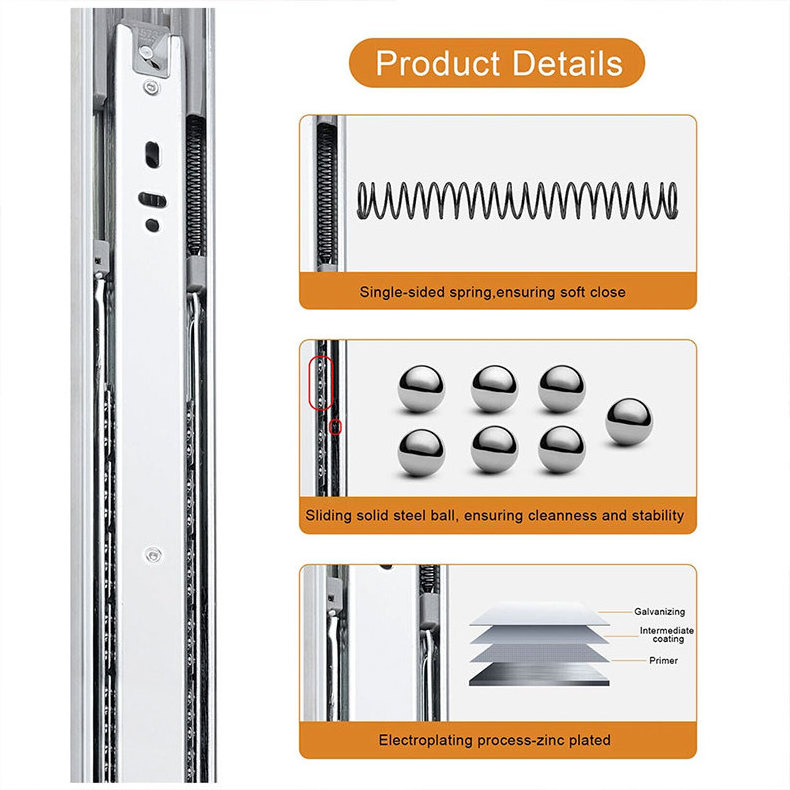 4 Fold Ball Bearing Two Way Drawer Slide Raildrawer 45mm Wide 53g/inch Drawer Slides Cabinet 76mm Heavy Duty Drawer Slide