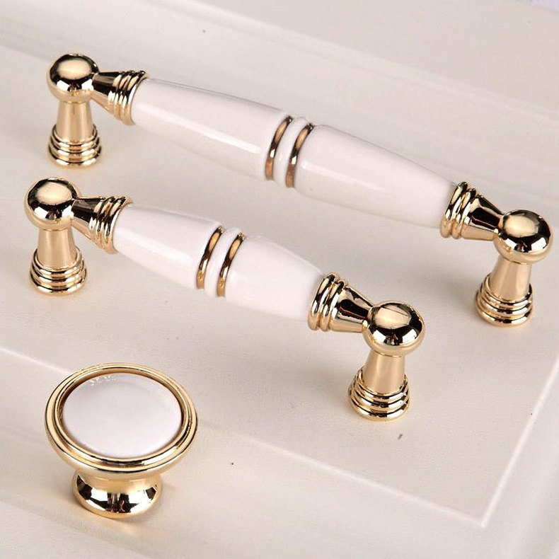 Zinc Alloy Ceramics Cabinet Handles Graceful Wardrobe White Golden Pull Handles Kitchen Dresser Drawer Knobs