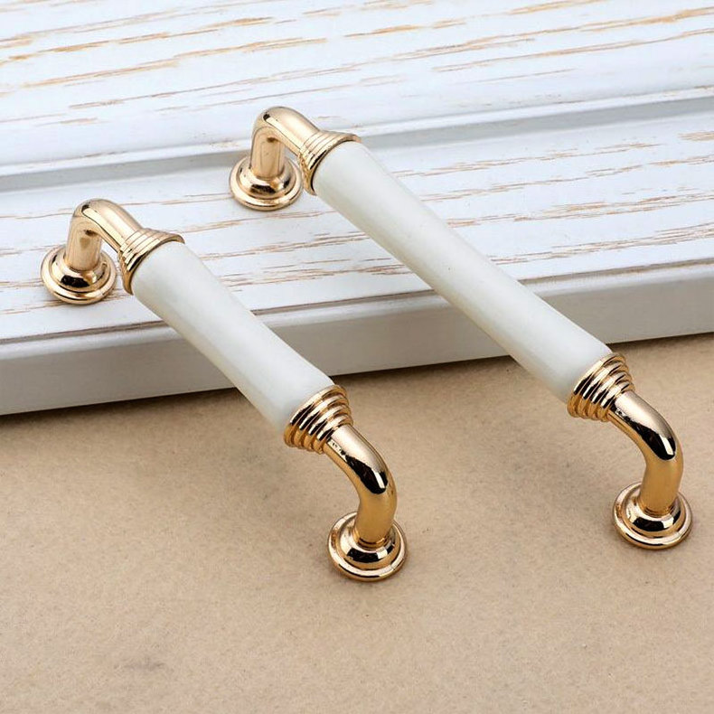 Zinc Alloy Ceramics Cabinet Handles Graceful Wardrobe White Golden Pull Handles Kitchen Dresser Drawer Knobs