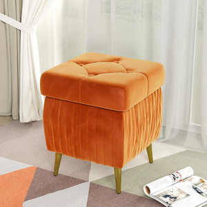 Wholesale Square Small Stool Tufted Upholstered Velvet Ottoman Stool with Storage Flip Top Bedroom Bench