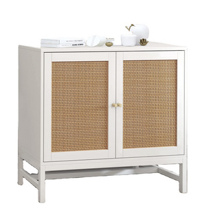 Accent Cabinet with Handmade Natural Rattan Doors and Storage, Storage Cabinet for Dining Room,Hallway,Console Table,White