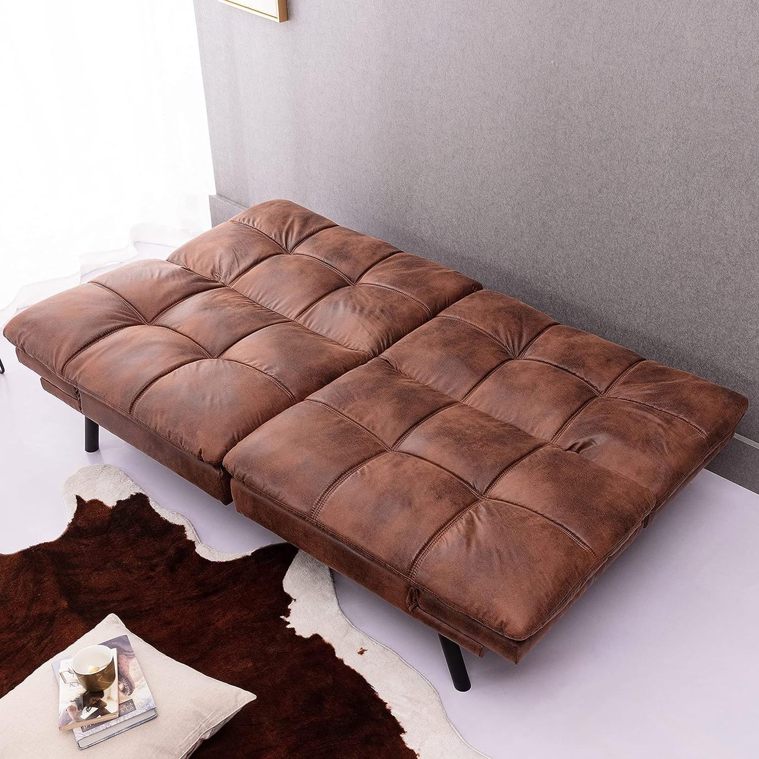 3 Angles Adjustable Tufted Futon Faux Leather Sleeper Sofabed Living Room Loveseat Couch Cum Bed Convertible Leather Sofa Bed