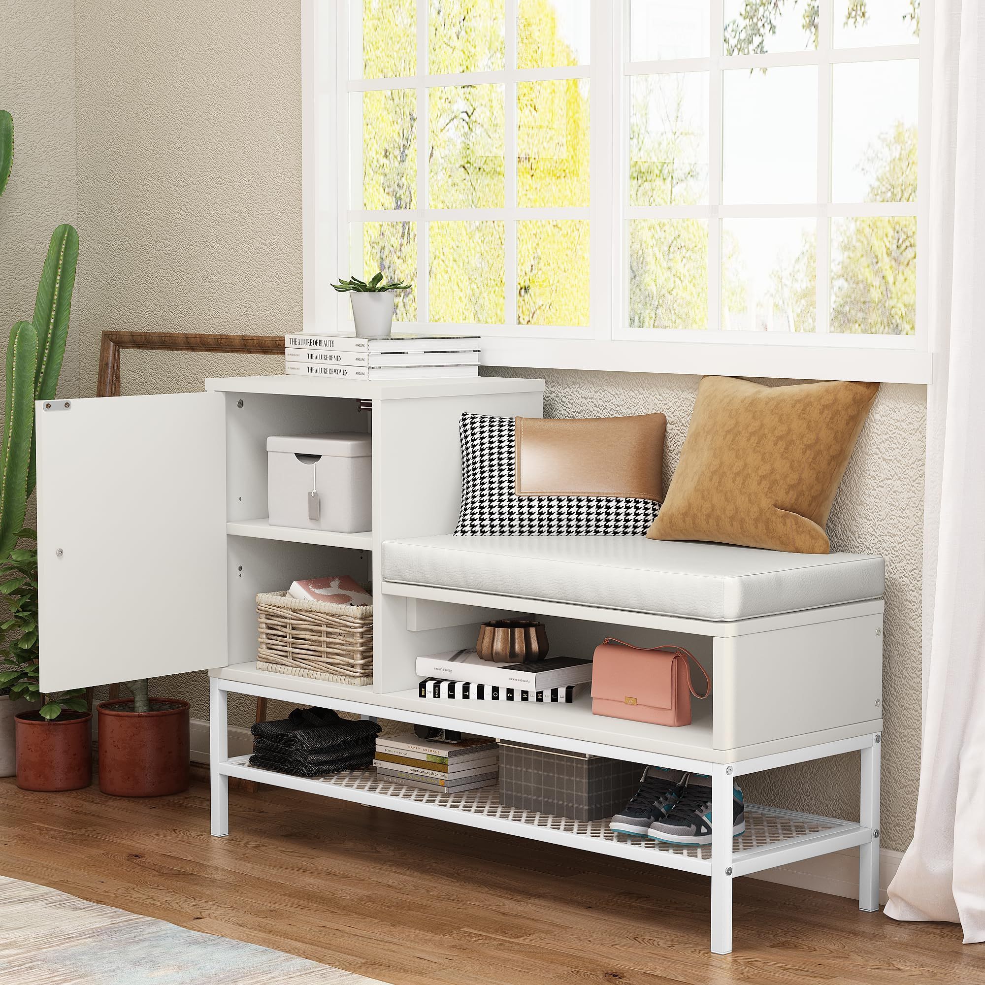 Wholesale White Shoe Bench Wooden Entryway Bench with Removable Padded Cushion and Cabinet Storage Bench Organizer for Hallway