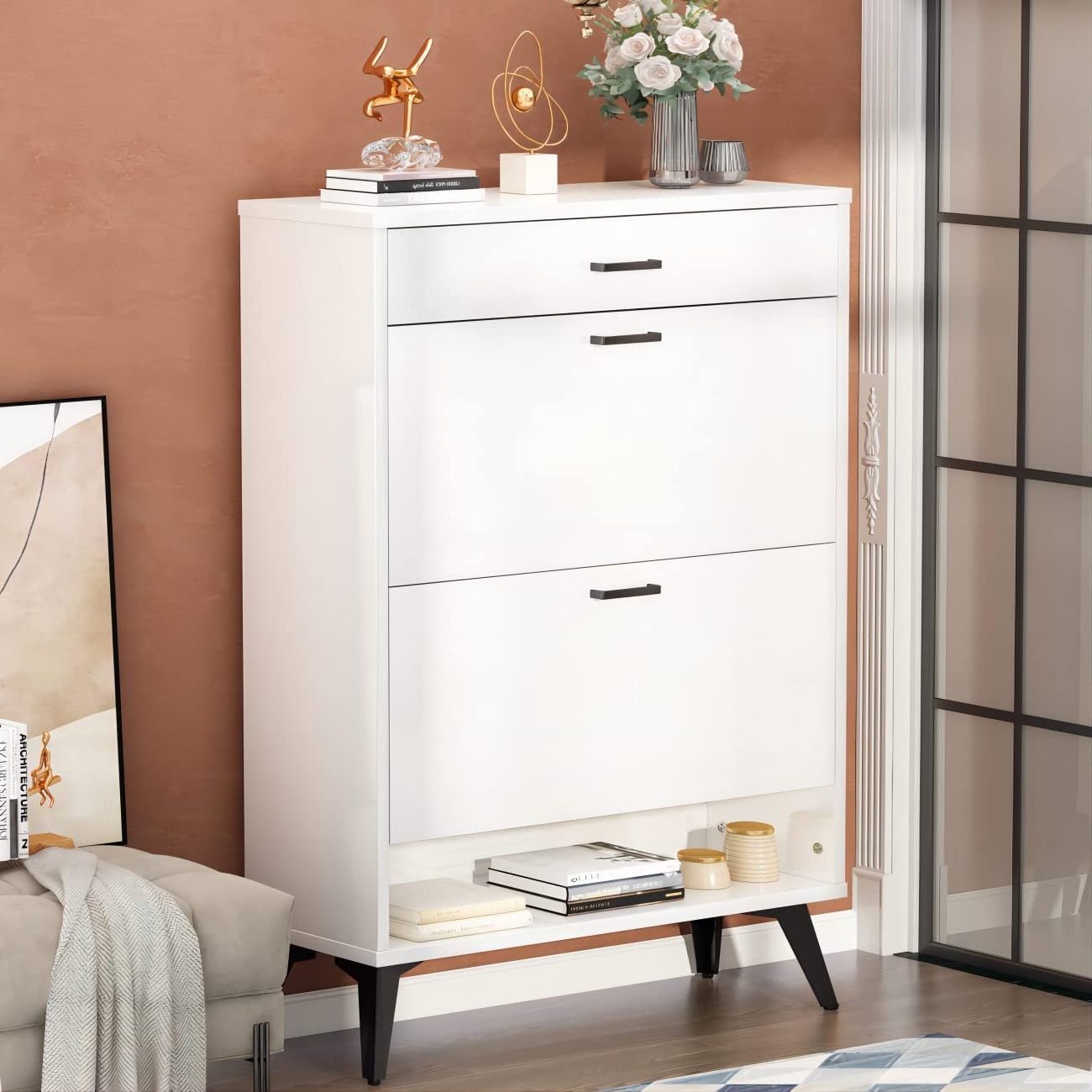 White Oak Freestanding Shoes Storage Cabinet with 2 Hidden Drawers and Open Shelves for Entryway Living Room Hallway