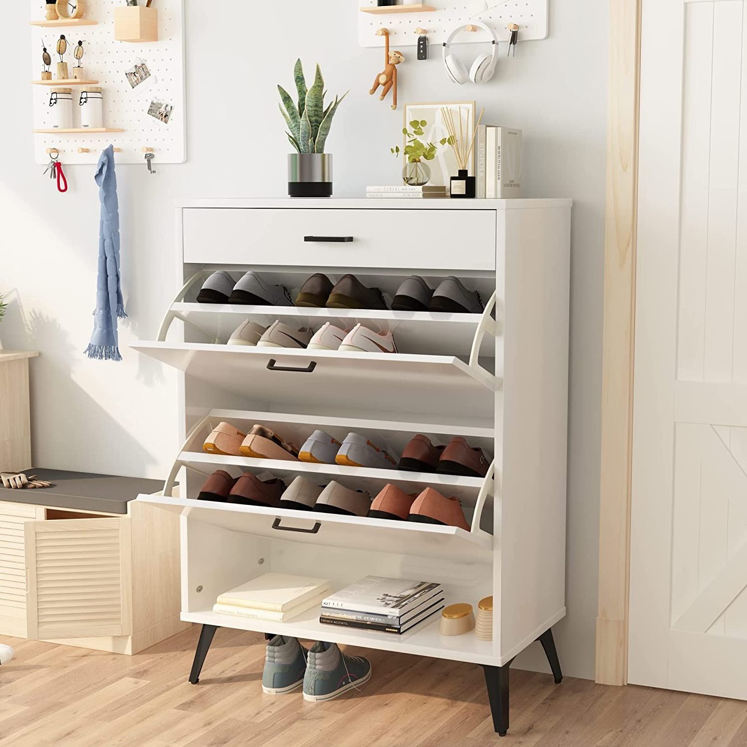 White Oak Freestanding Shoes Storage Cabinet with 2 Hidden Drawers and Open Shelves for Entryway Living Room Hallway