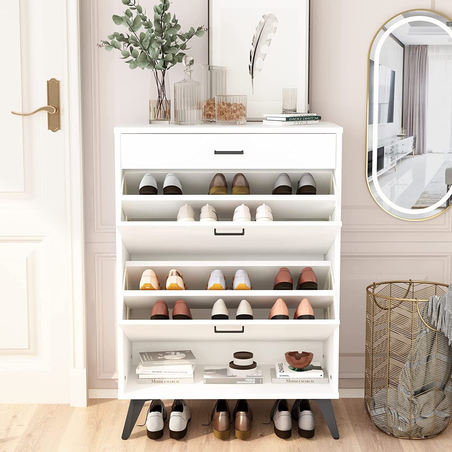 White Oak Freestanding Shoes Storage Cabinet with 2 Hidden Drawers and Open Shelves for Entryway Living Room Hallway