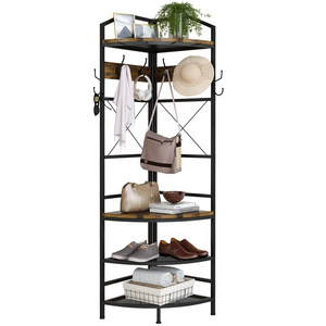 Hot Sale Corner Hall Tree Industrial Entryway Coat Rack with 6 Hooks and Storage Shelf for Home Office Bedroom - Rustic Brown