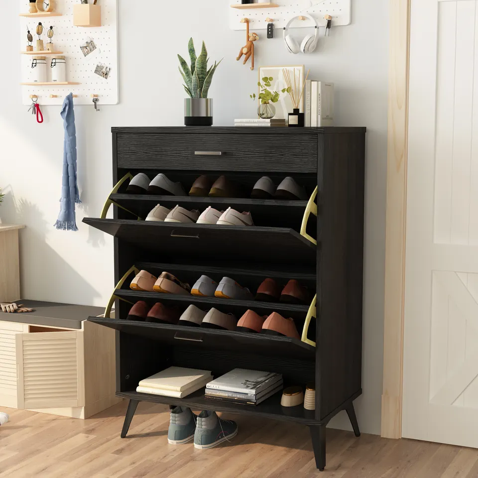 Free Shipping with 2 Flip Cabinet Luxury Black Storage Wooden Shoe Rack Cabinet Large Modern for Home Entryway Shoe Cabinet