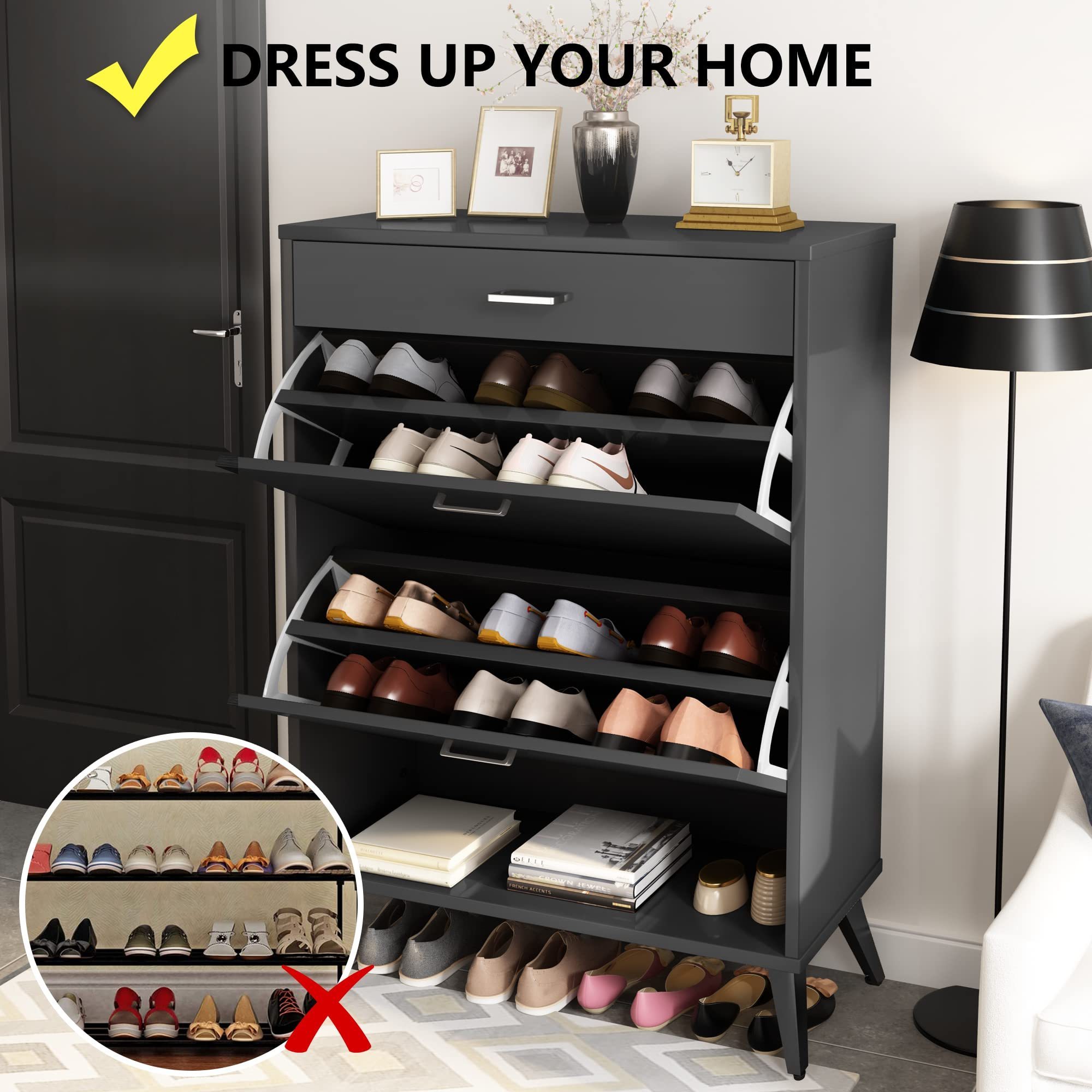 Free Shipping with 2 Flip Cabinet Luxury Black Storage Wooden Shoe Rack Cabinet Large Modern for Home Entryway Shoe Cabinet