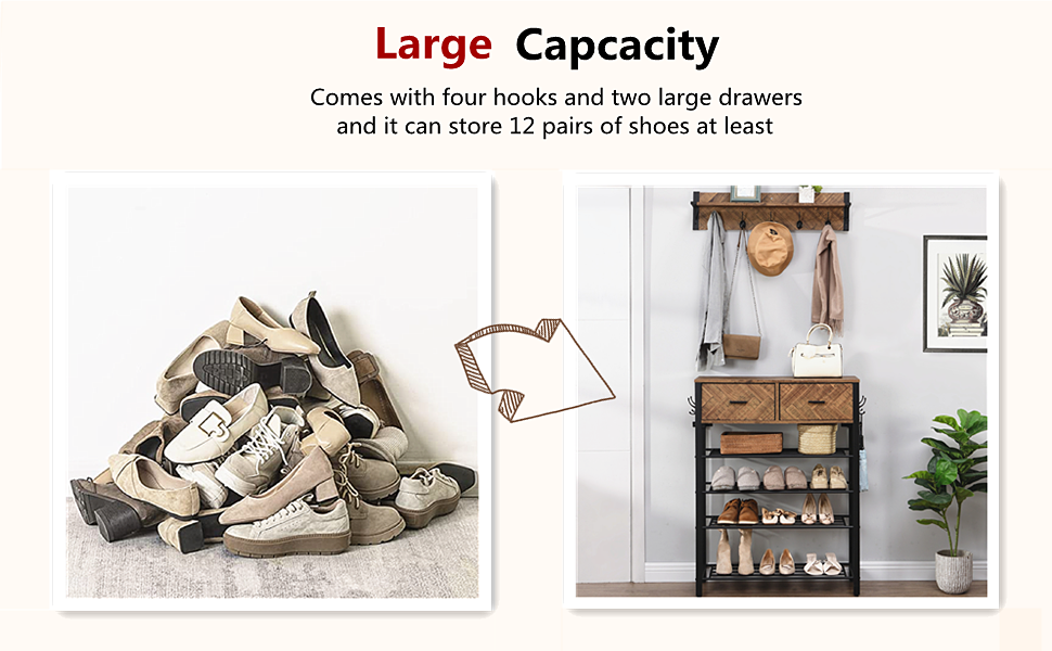 For 12 Pairs 4-Tier Storage Shoe Rack Cabinet with Coat Rack Metal Modern with 2 Drawer Household Metal Shoe Rack Organizer