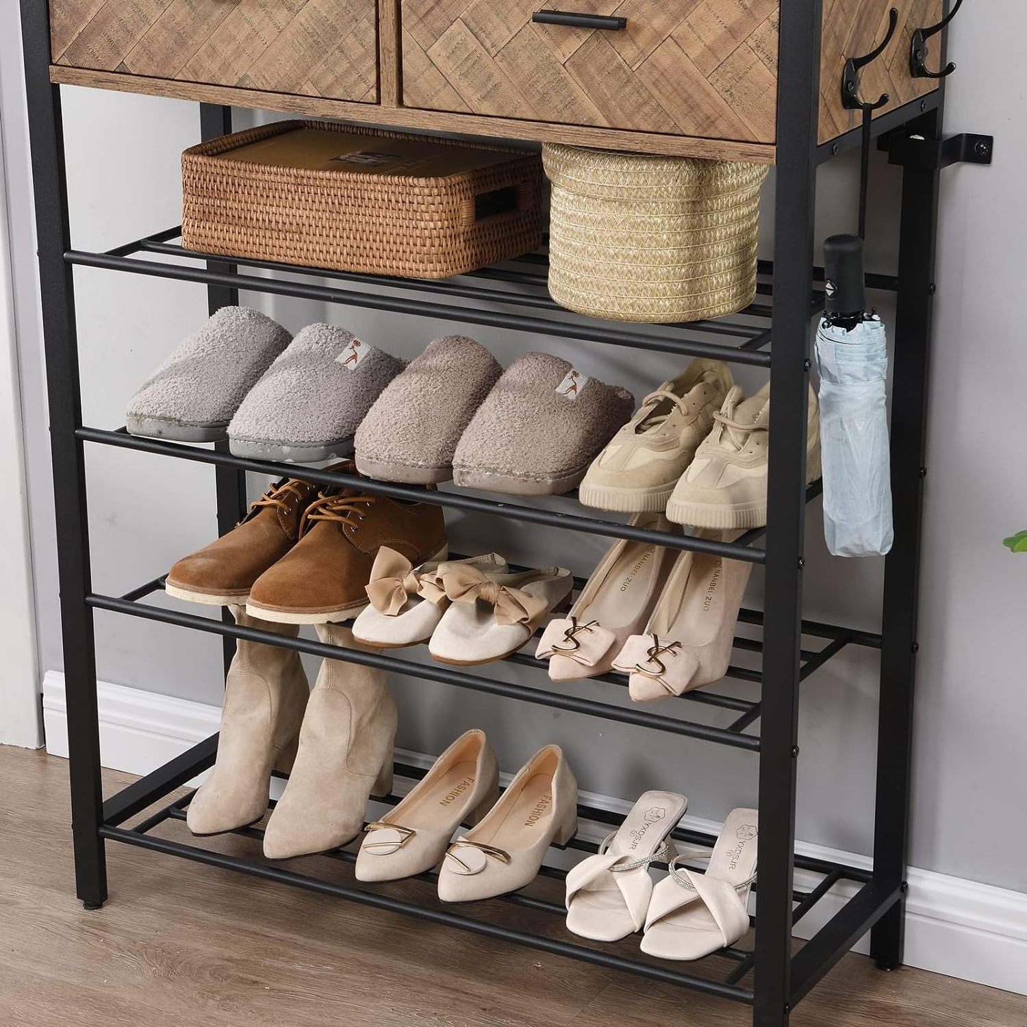 For 12 Pairs 4-Tier Storage Shoe Rack Cabinet with Coat Rack Metal Modern with 2 Drawer Household Metal Shoe Rack Organizer