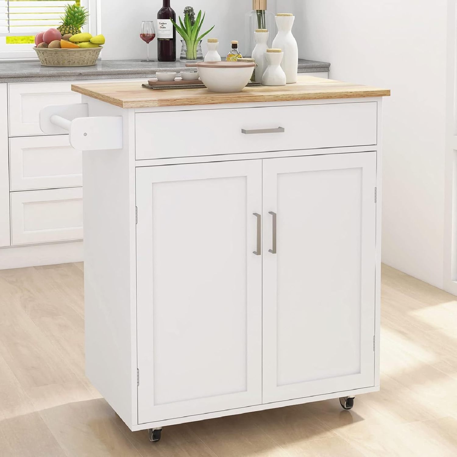 Mobile 2-Tier Storage Kitchen Island Cart with Wheels Wooden Storage Cabinet Organizer with Drawer Wooden Rolling Kitchen Island