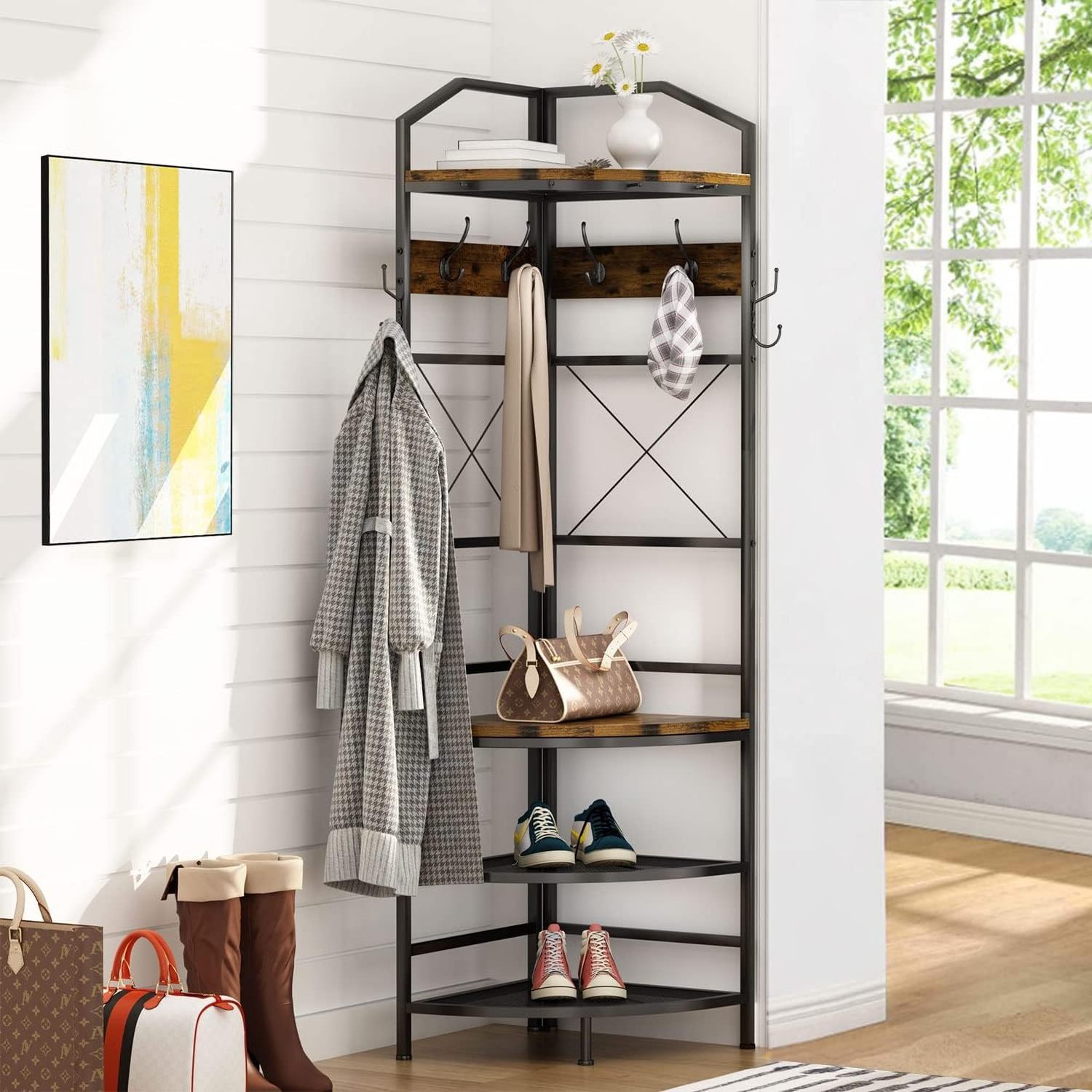 Multifunctional Entryway Corner Shoe and Coat Rack with 8 Metal Double Hooks and Storage Shelf Freestanding Hall Tree Storage