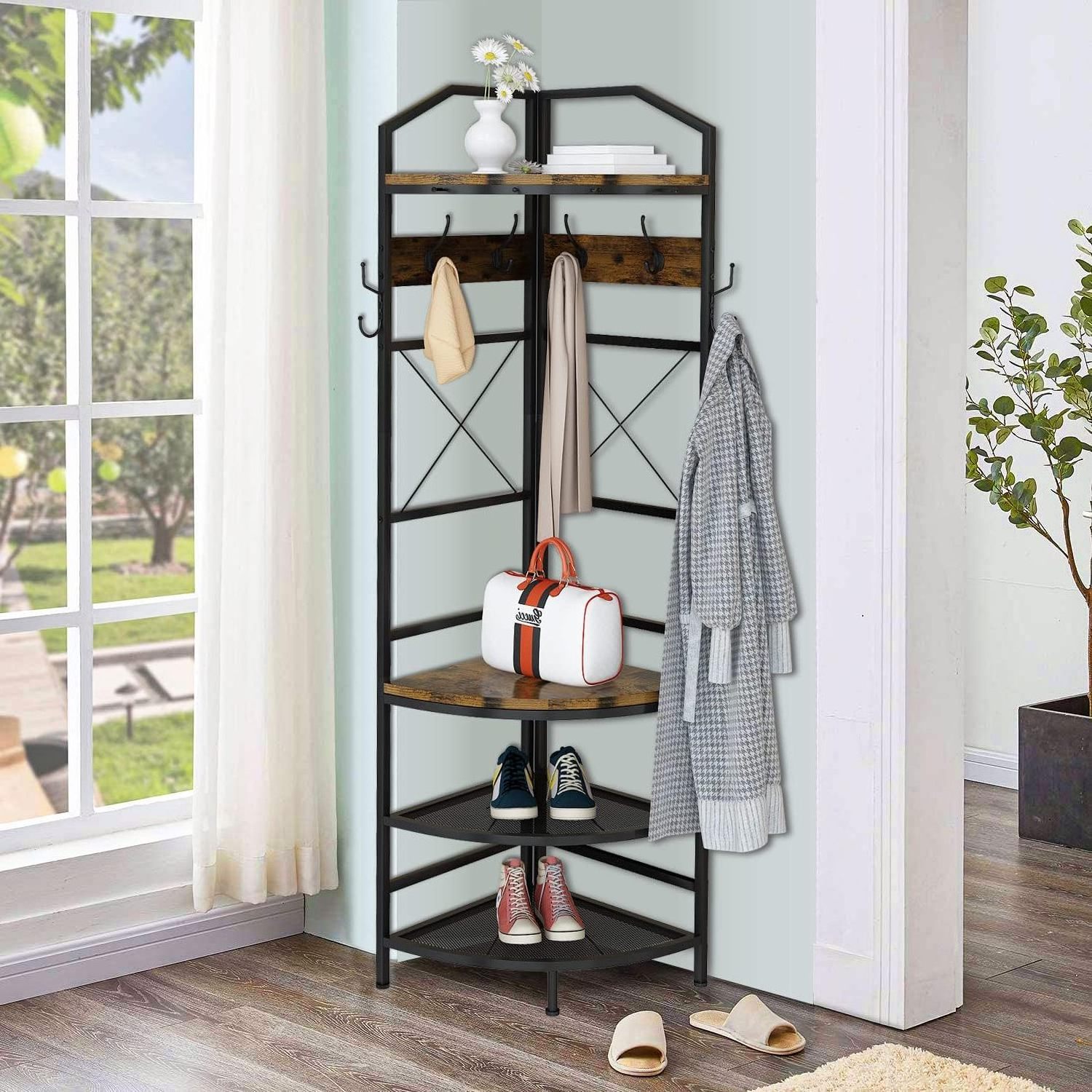 Multifunctional Entryway Corner Shoe and Coat Rack with 8 Metal Double Hooks and Storage Shelf Freestanding Hall Tree Storage