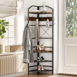 Multifunctional Entryway Corner Shoe and Coat Rack with 8 Metal Double Hooks and Storage Shelf Freestanding Hall Tree Storage