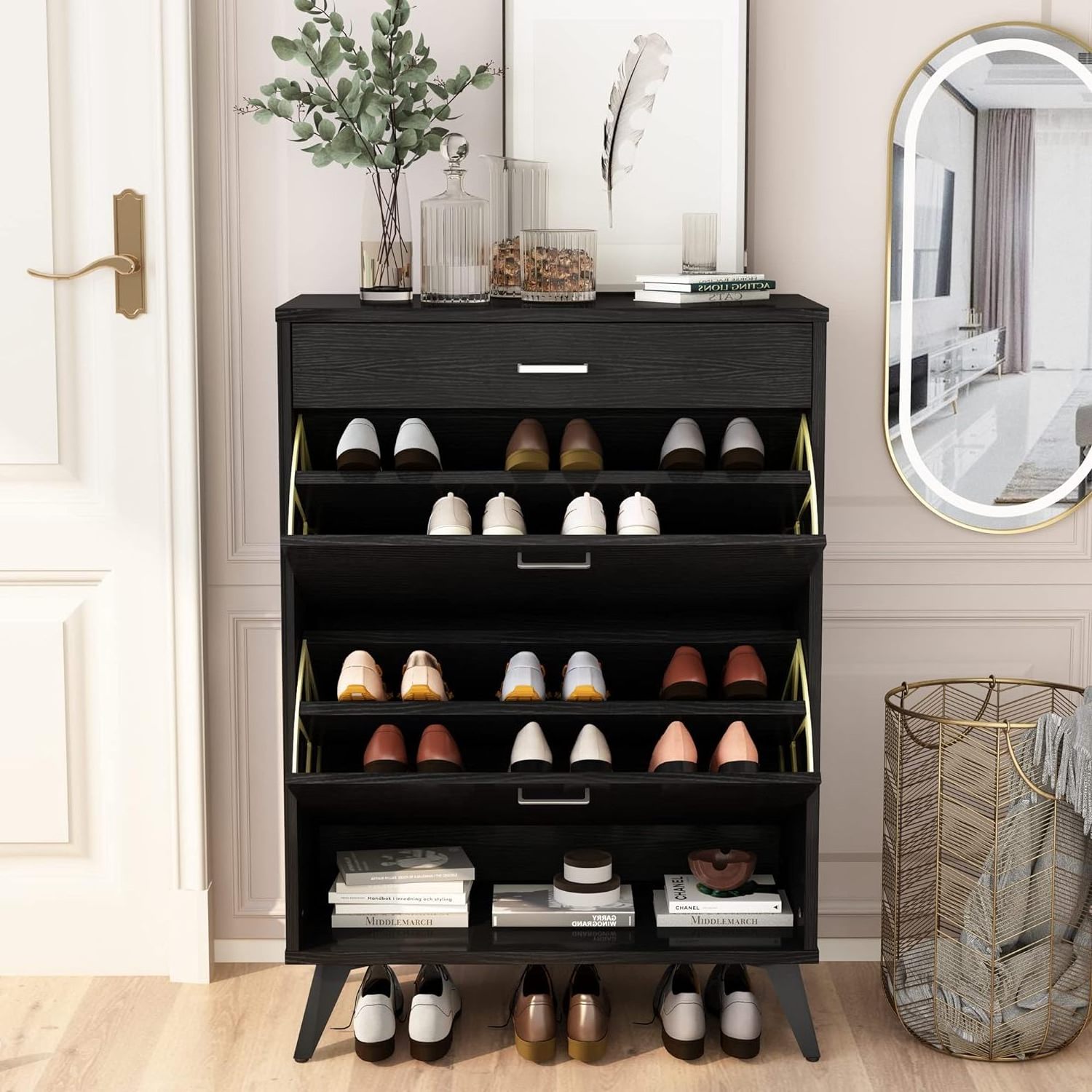 Wholesale Improved Free Standing Cabinet Black Shoe Rack Storage Shoe Cabinet with 2 Flip Shoe Cabinet and Open Shelf