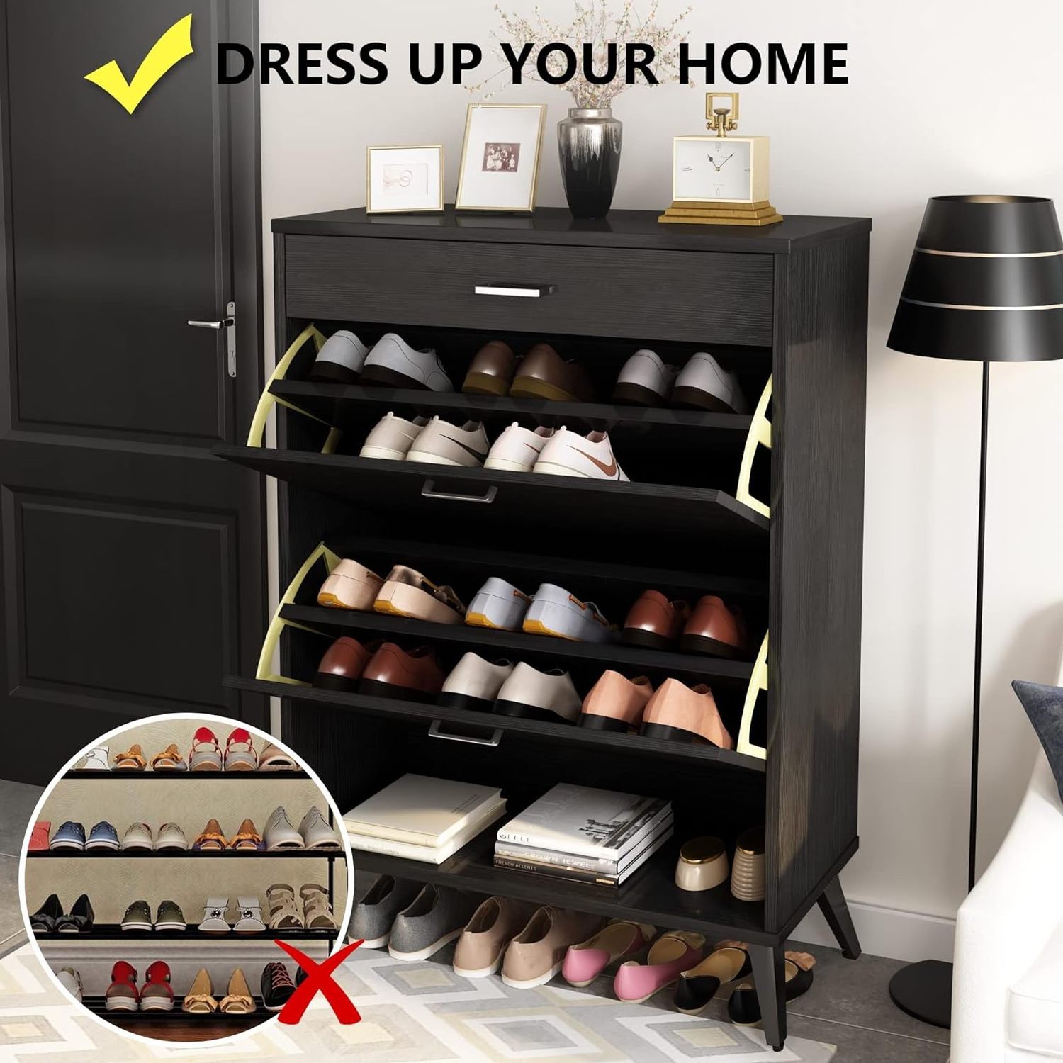 Wholesale Improved Free Standing Cabinet Black Shoe Rack Storage Shoe Cabinet with 2 Flip Shoe Cabinet and Open Shelf