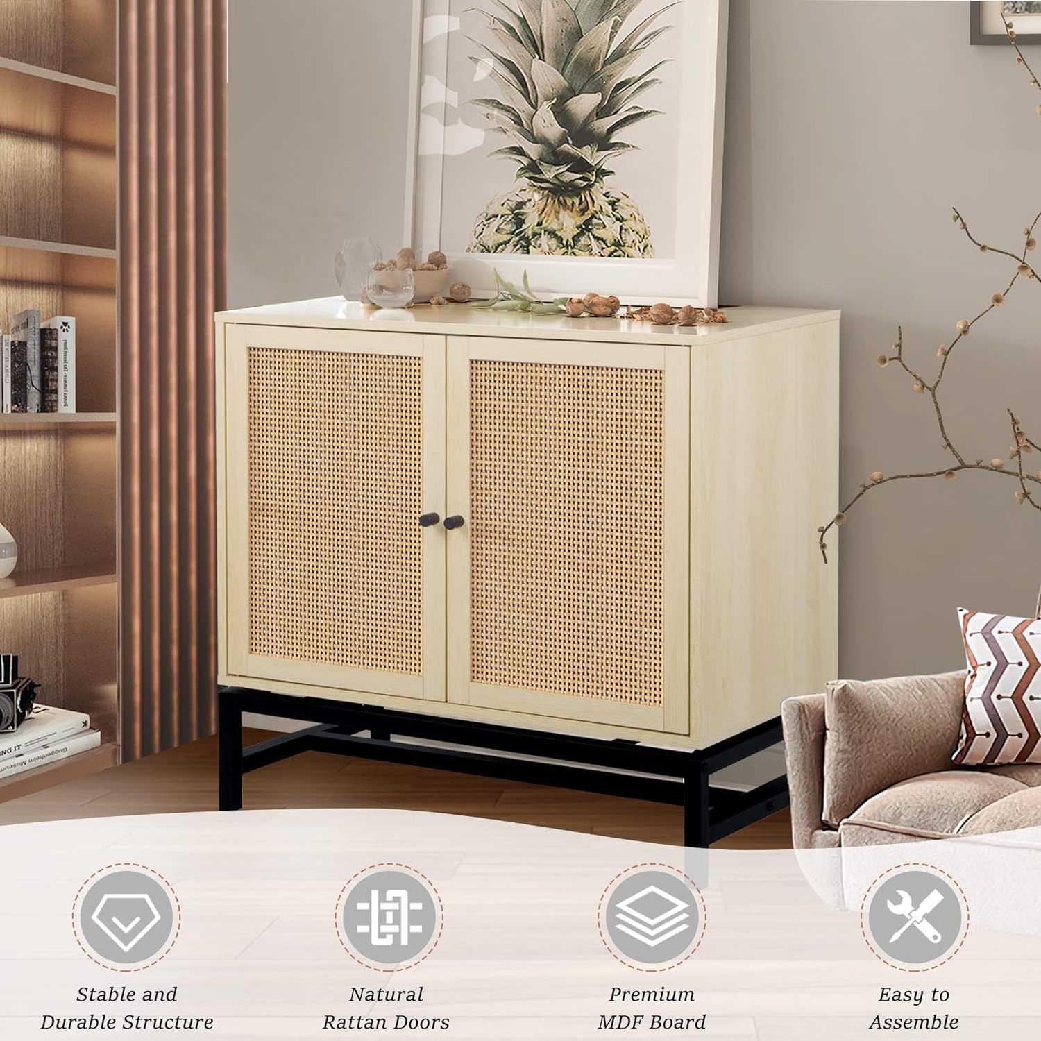 Livig Room Cabinet with 2 Storage and Rattan Doors Sideboard with Adjustable Shelf Console Table for Dining Room End Cabinet