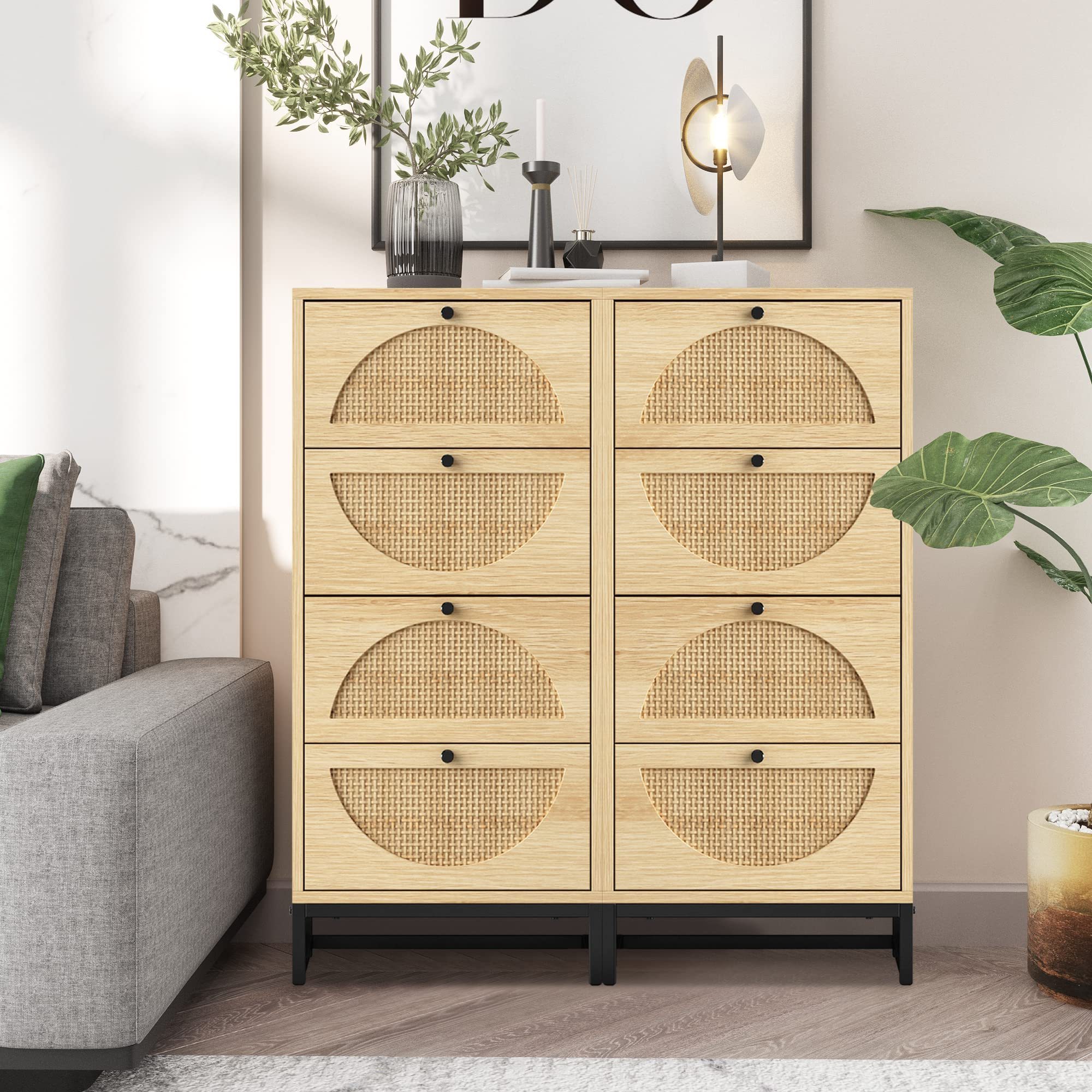 Tall Drawer Dresser Natural Rattan 4 Chest of Dressers with Metal Legs Cabinet Storage Tower for Bedroom Living Room