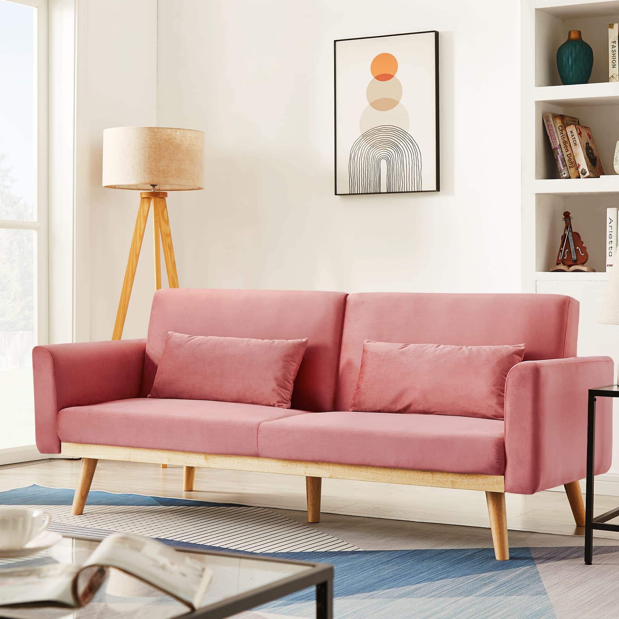 Pink Velvet Futon Sofa Bed: Wooden Frame, Convertible Daybed Loveseat with Upholstered Recliner and Pillow