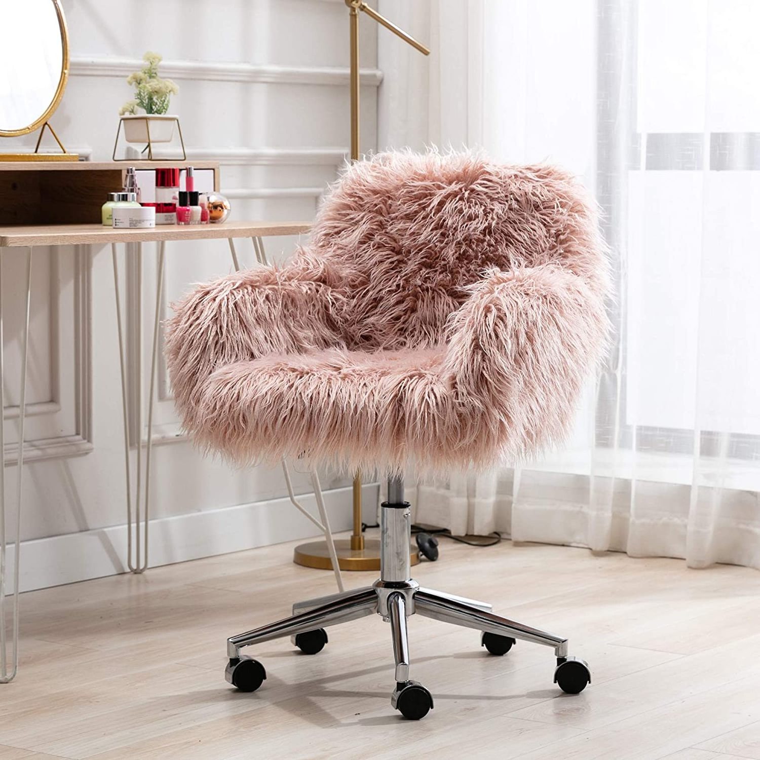 NEW Cute Pink Fluffy Faux Fur Adjustable Revolving Accent Chair With Wheels Modern Girly for Living Room Office Swivel Chair