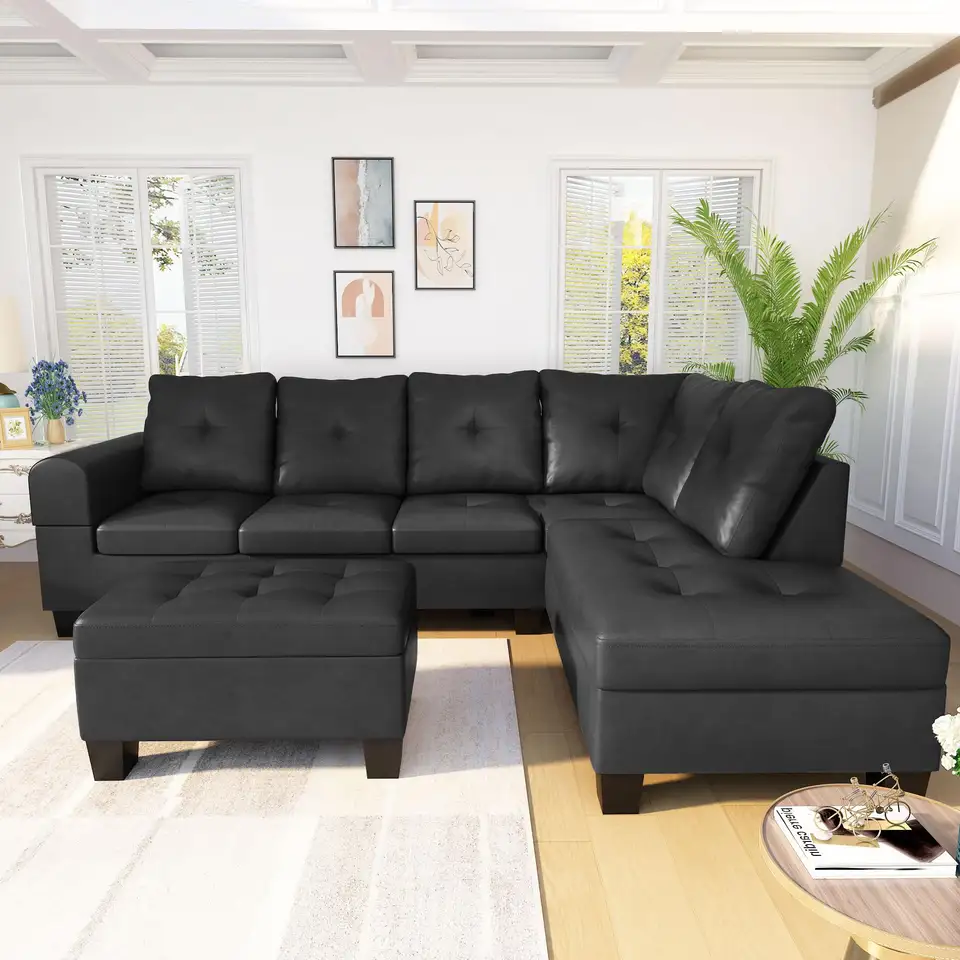 OEM/ODM with Hidden Cup Holders Faux Leather Chaise Sectional Sofa with Storage Ottoman L Shape Button Tufted Leather Sofa Set