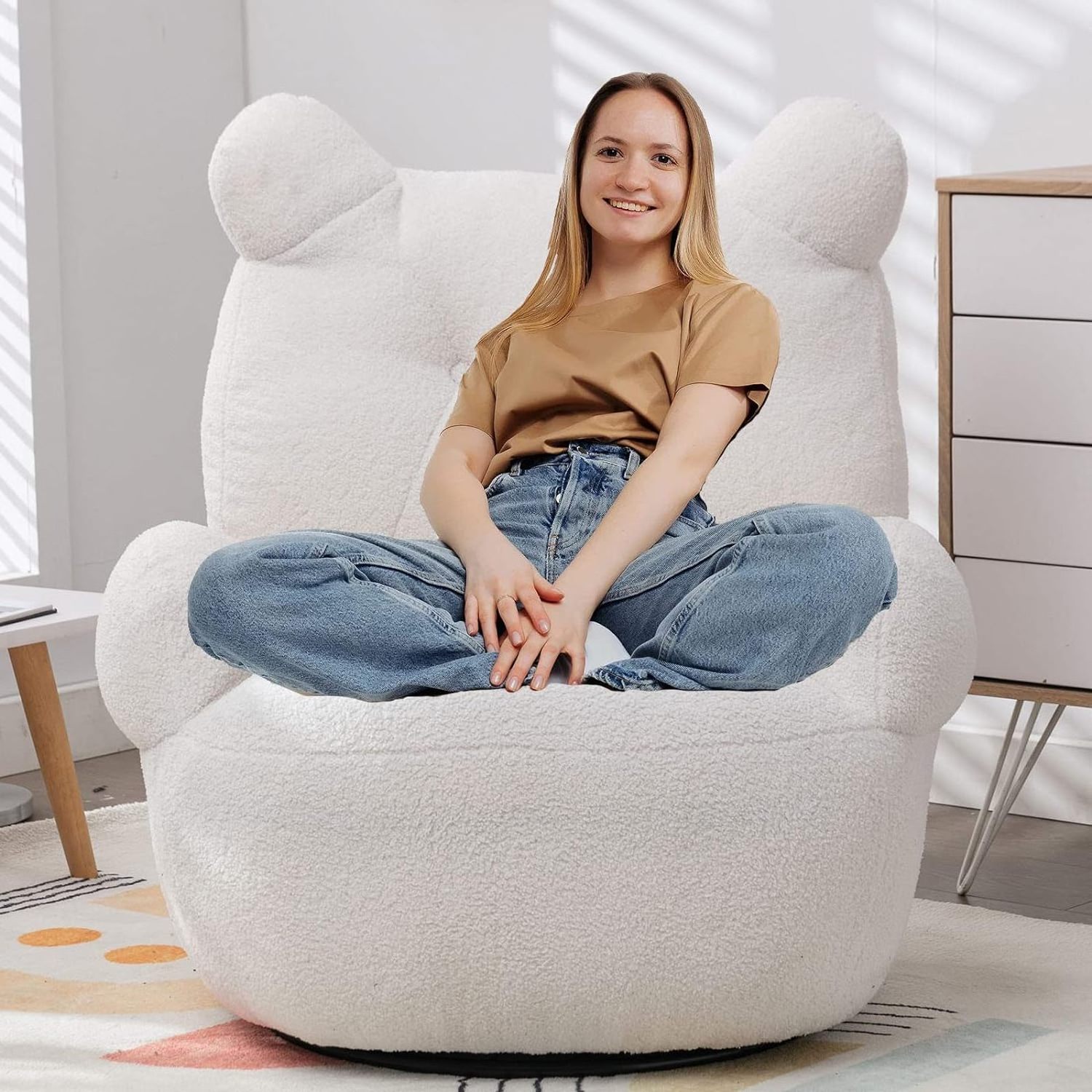 Velvet Swivel Accent Chair - Leisure Armchair with Soft Short Plush Particle Velvet, featuring a Cute Bear Beanbag Design