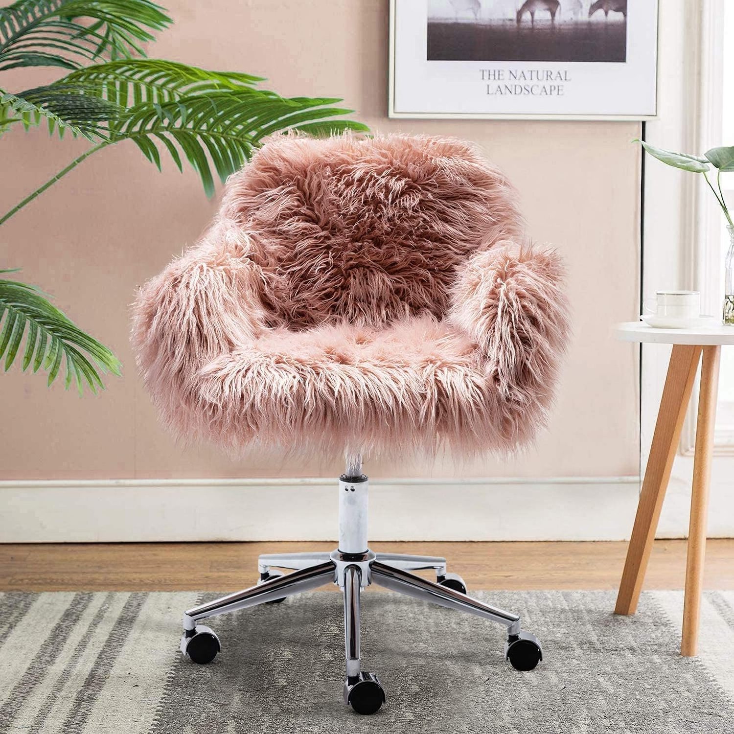 NEW Cute Pink Fluffy Faux Fur Adjustable Revolving Accent Chair With Wheels Modern Girly for Living Room Office Swivel Chair