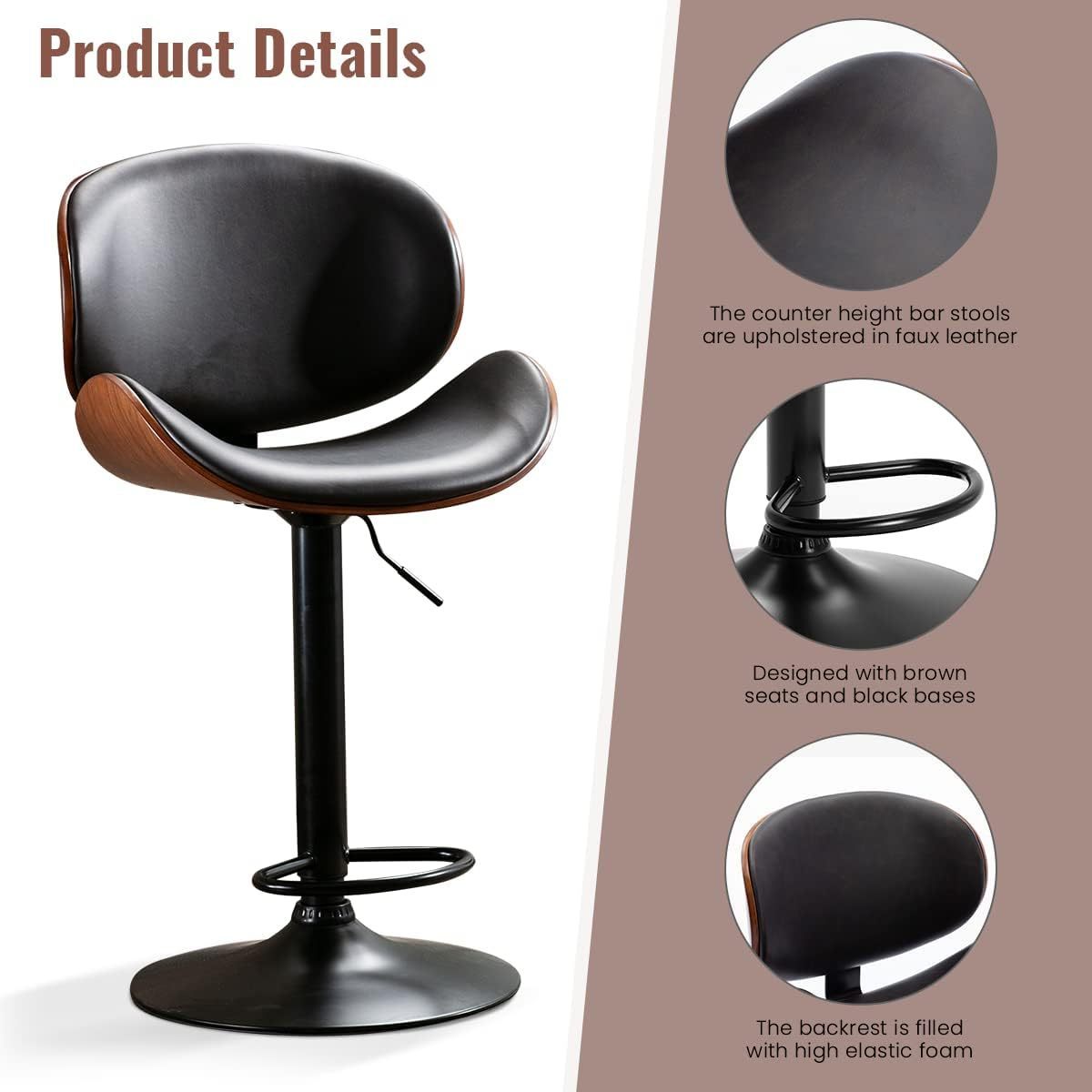 Walnut Gas-Lift Adjustable PU Leather Bar Counter Dining Stools Luxury for Home Restaurant Pub Leather Bar Height Dining Chairs