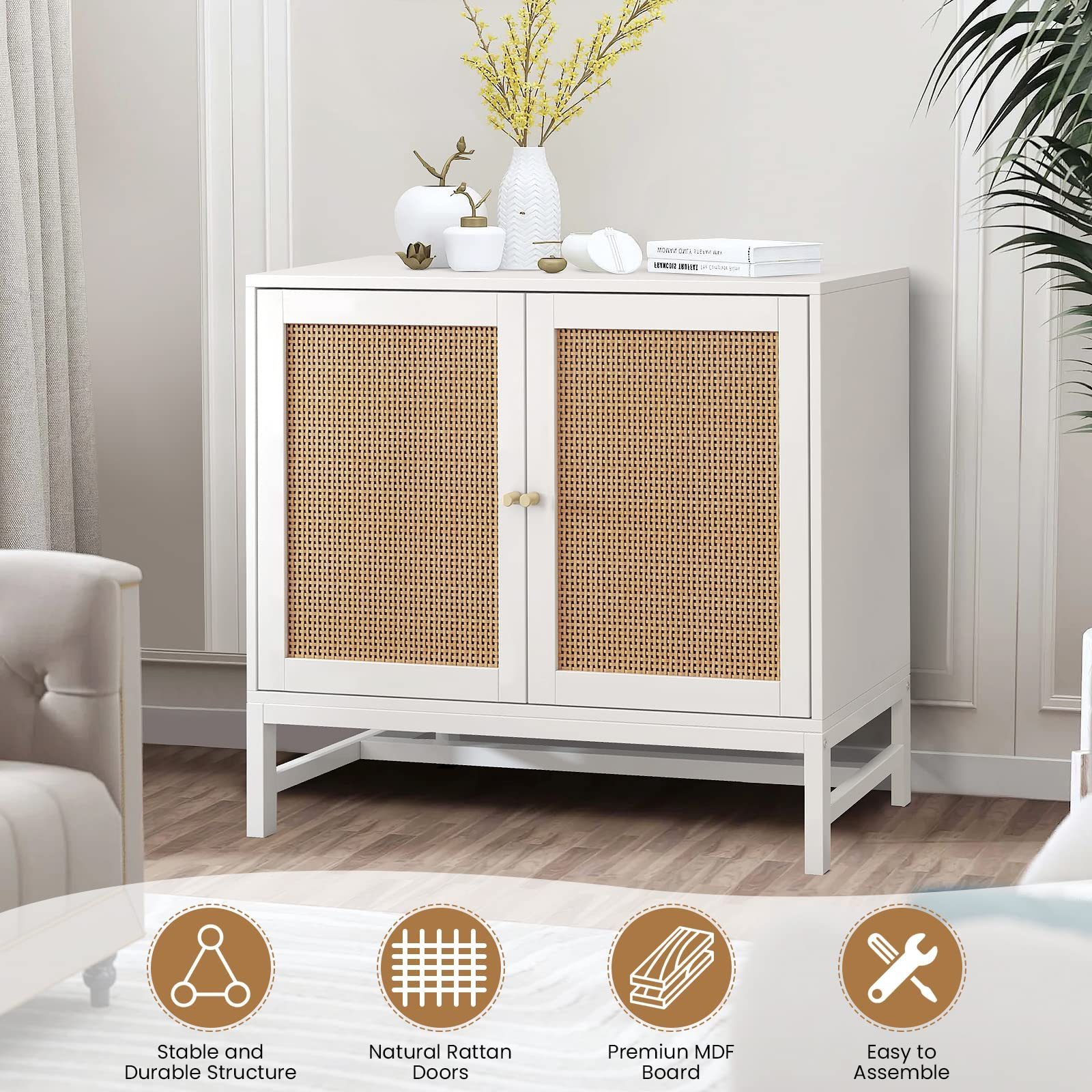 Accent Cabinet with Handmade Natural Rattan Doors and Storage, Storage Cabinet for Dining Room,Hallway,Console Table,White