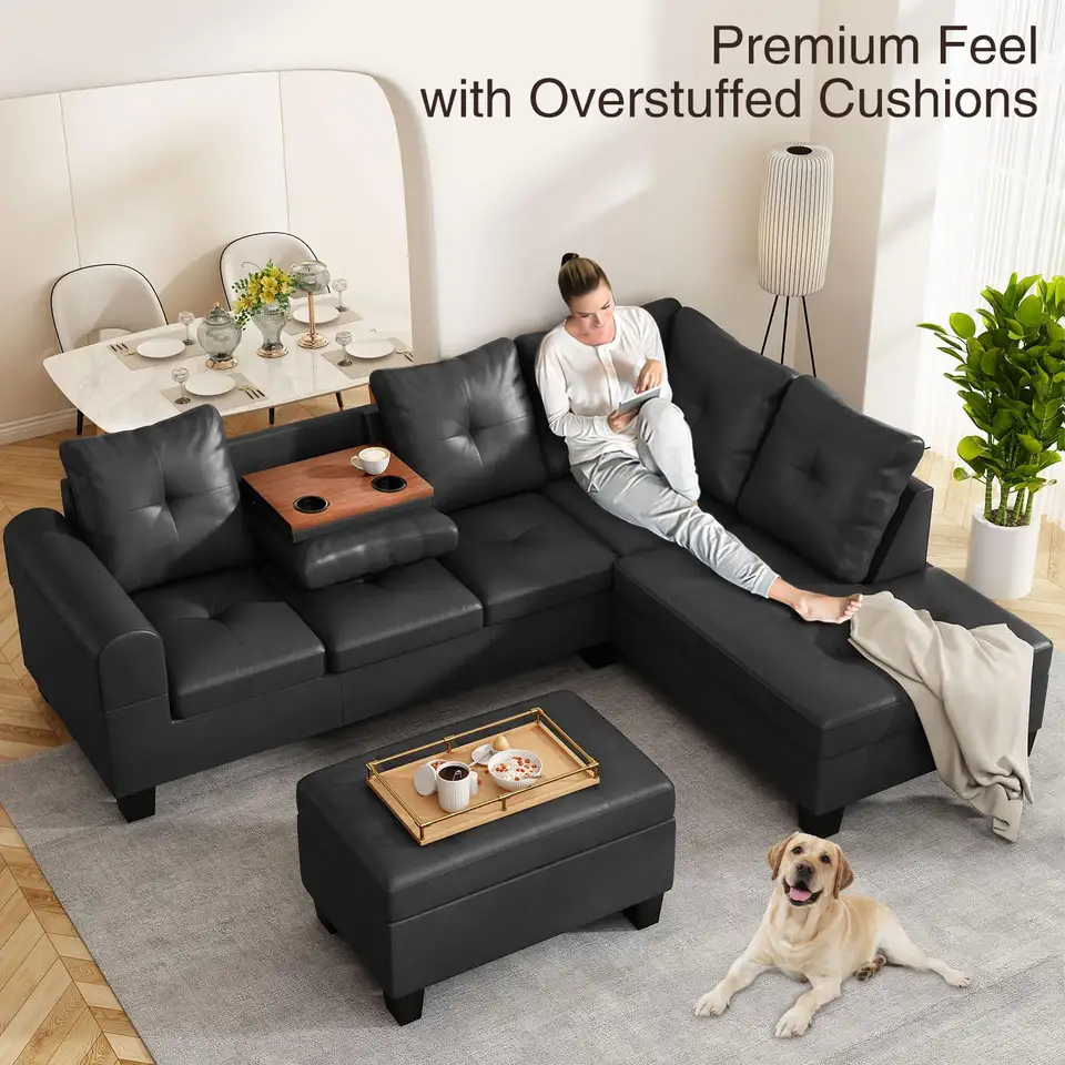 OEM/ODM with Hidden Cup Holders Faux Leather Chaise Sectional Sofa with Storage Ottoman L Shape Button Tufted Leather Sofa Set