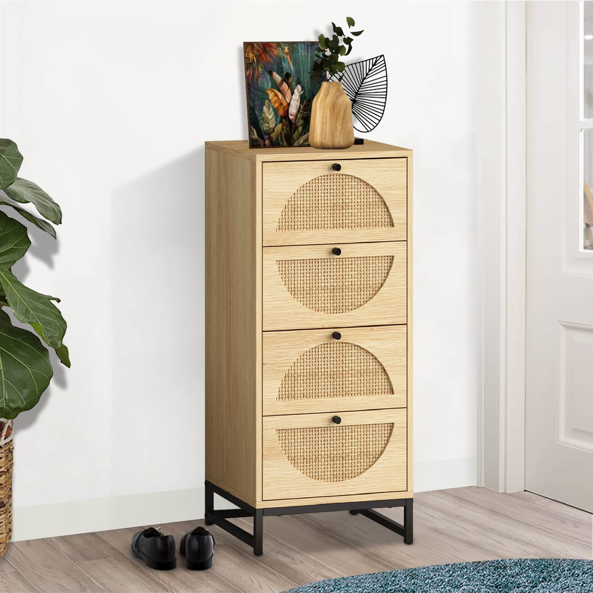 Tall Drawer Dresser Natural Rattan 4 Chest of Dressers with Metal Legs Cabinet Storage Tower for Bedroom Living Room