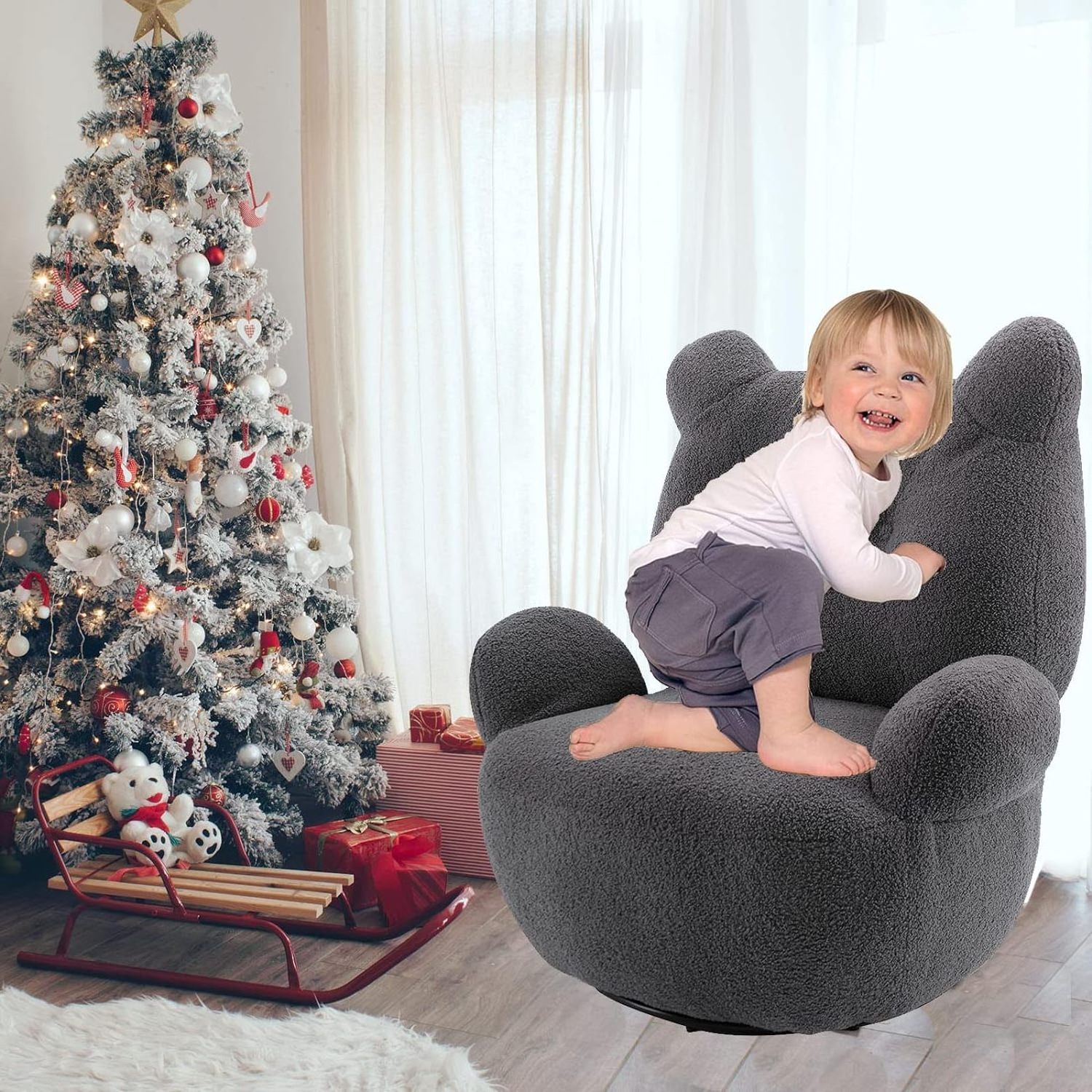 Leisure Armchair with 360 Degree Swivel - Velvet Swivel Accent Chair, adorned with a Cute Bear Beanbag in Soft Short