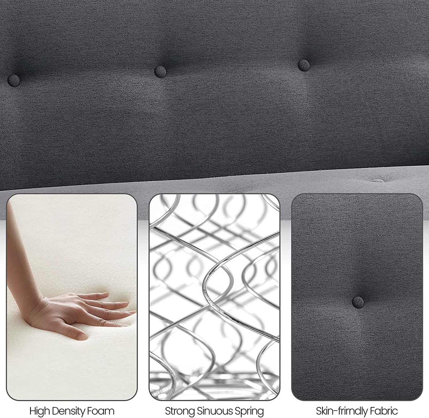 Dark Gray Loveseat Futon 3 Angles Adjustable Sleeper Couch Convertible Sofa Bed Armrest Linen Fabric Button Tufted Sofa Bed