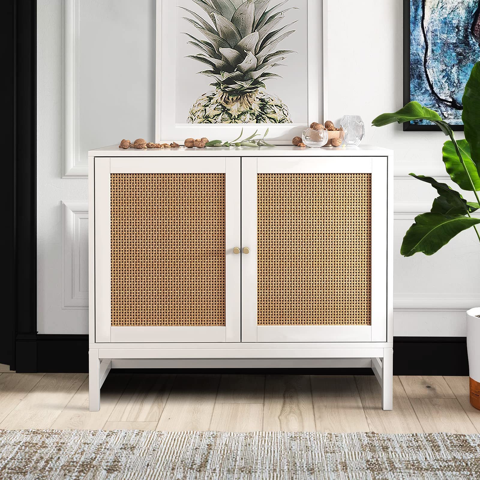 Accent Cabinet with Handmade Natural Rattan Doors and Storage, Storage Cabinet for Dining Room,Hallway,Console Table,White