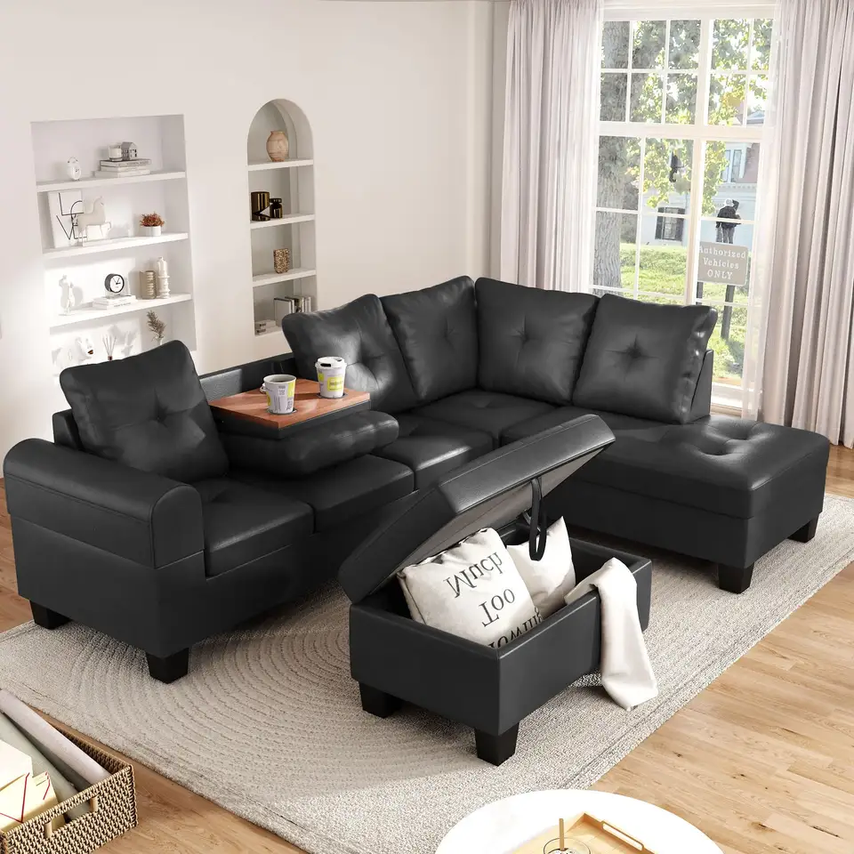 OEM/ODM with Hidden Cup Holders Faux Leather Chaise Sectional Sofa with Storage Ottoman L Shape Button Tufted Leather Sofa Set