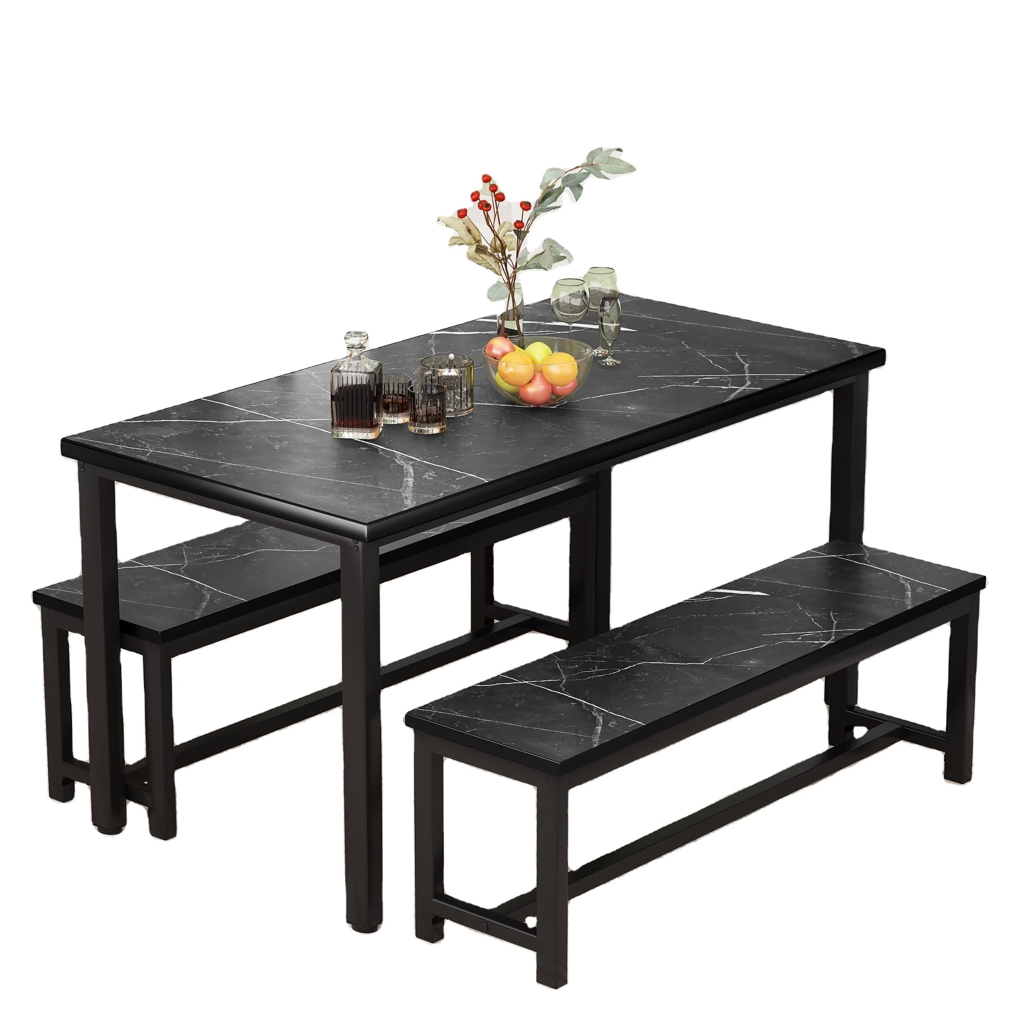 New Arrival with 2 Benches Classic Black Marble Dining Table and Benches Set for 4-6 Luxury Marble Benches Dining Table Set