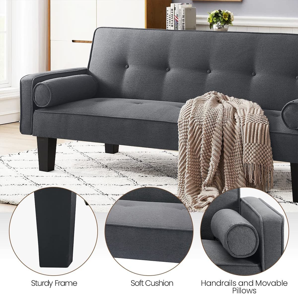 Dark Gray Loveseat Futon 3 Angles Adjustable Sleeper Couch Convertible Sofa Bed Armrest Linen Fabric Button Tufted Sofa Bed