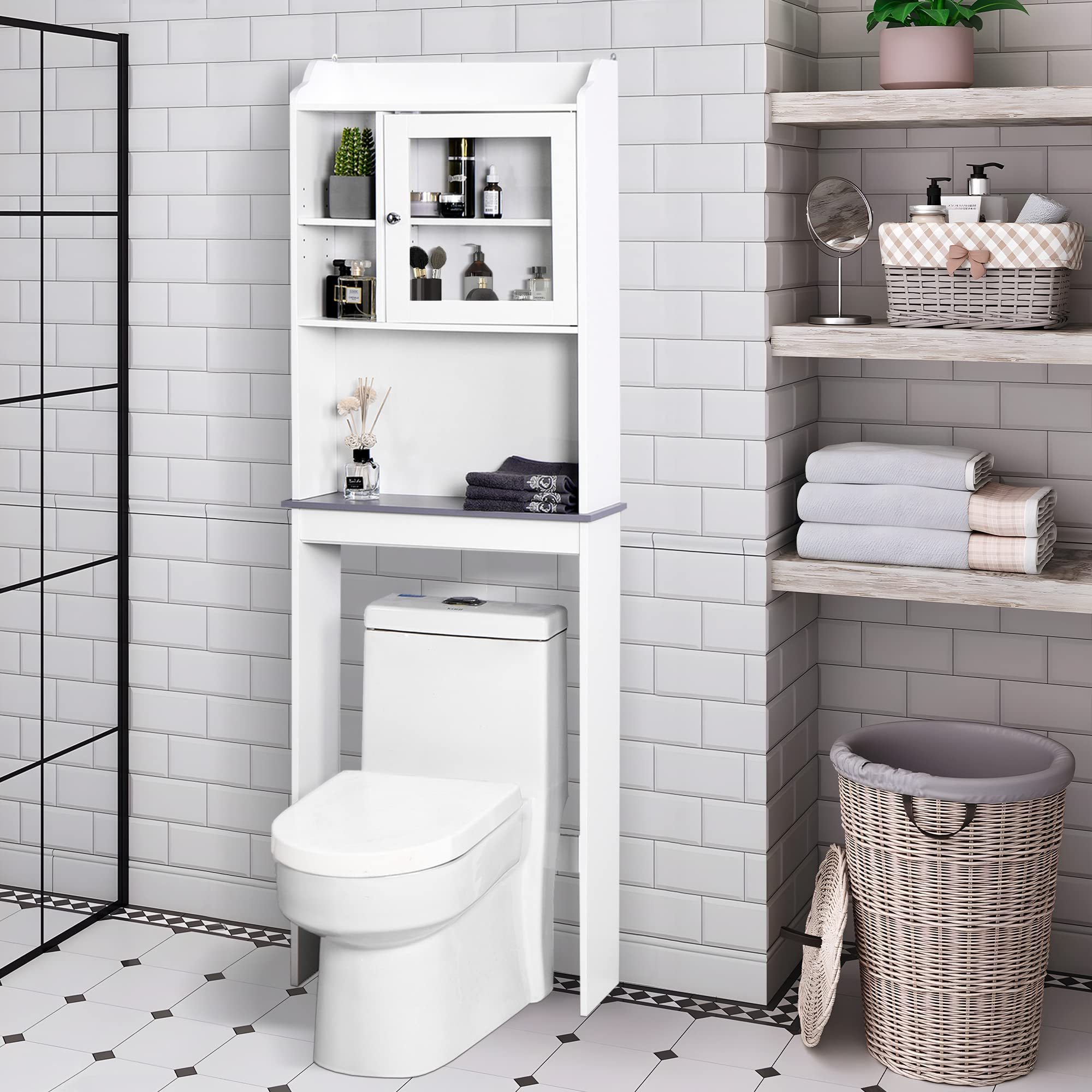 Multifunctional Over The Toilet Storage, Bathroom Cabinet Organizer with Adjustable Shelves, Freestanding Space Saver, White