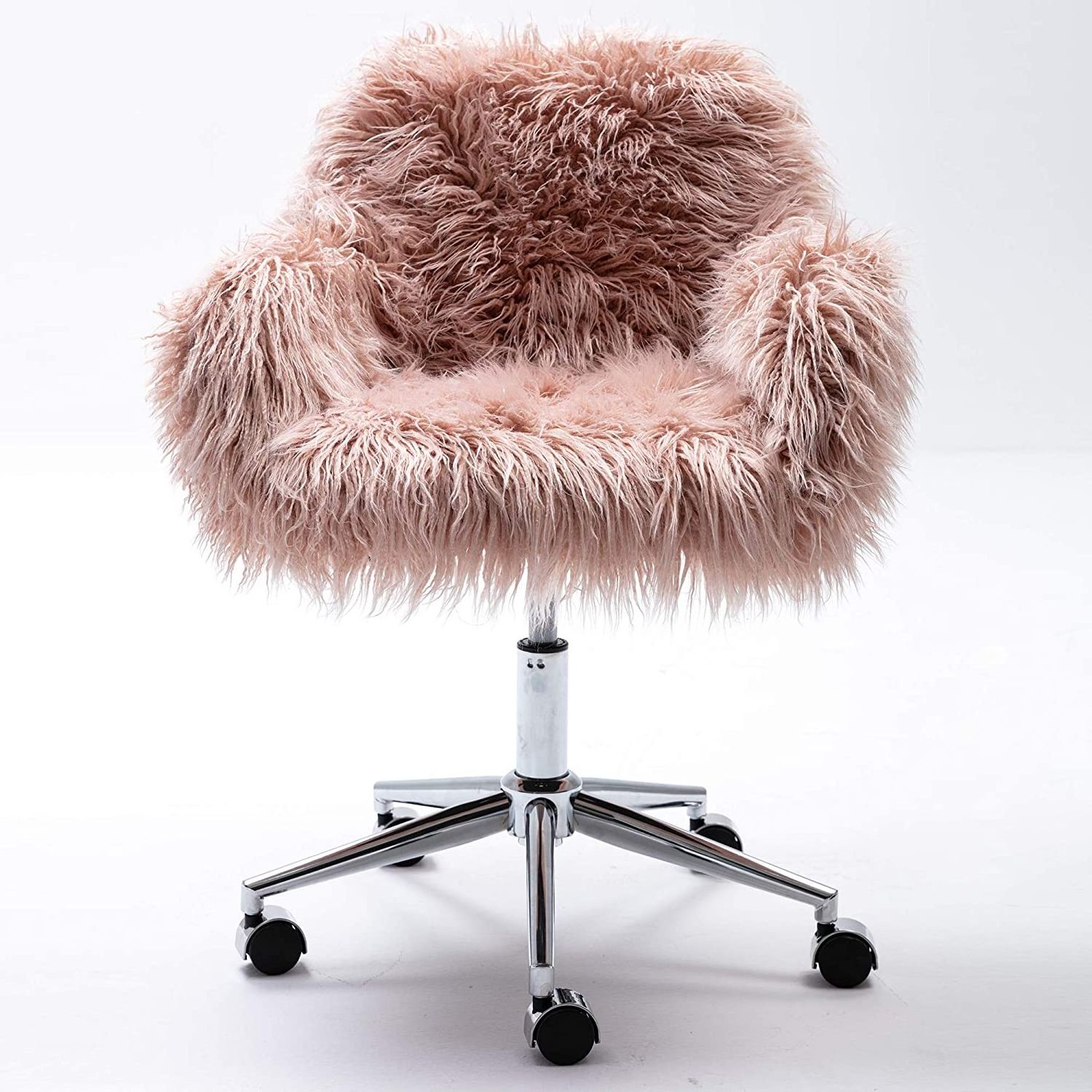 NEW Cute Pink Fluffy Faux Fur Adjustable Revolving Accent Chair With Wheels Modern Girly for Living Room Office Swivel Chair