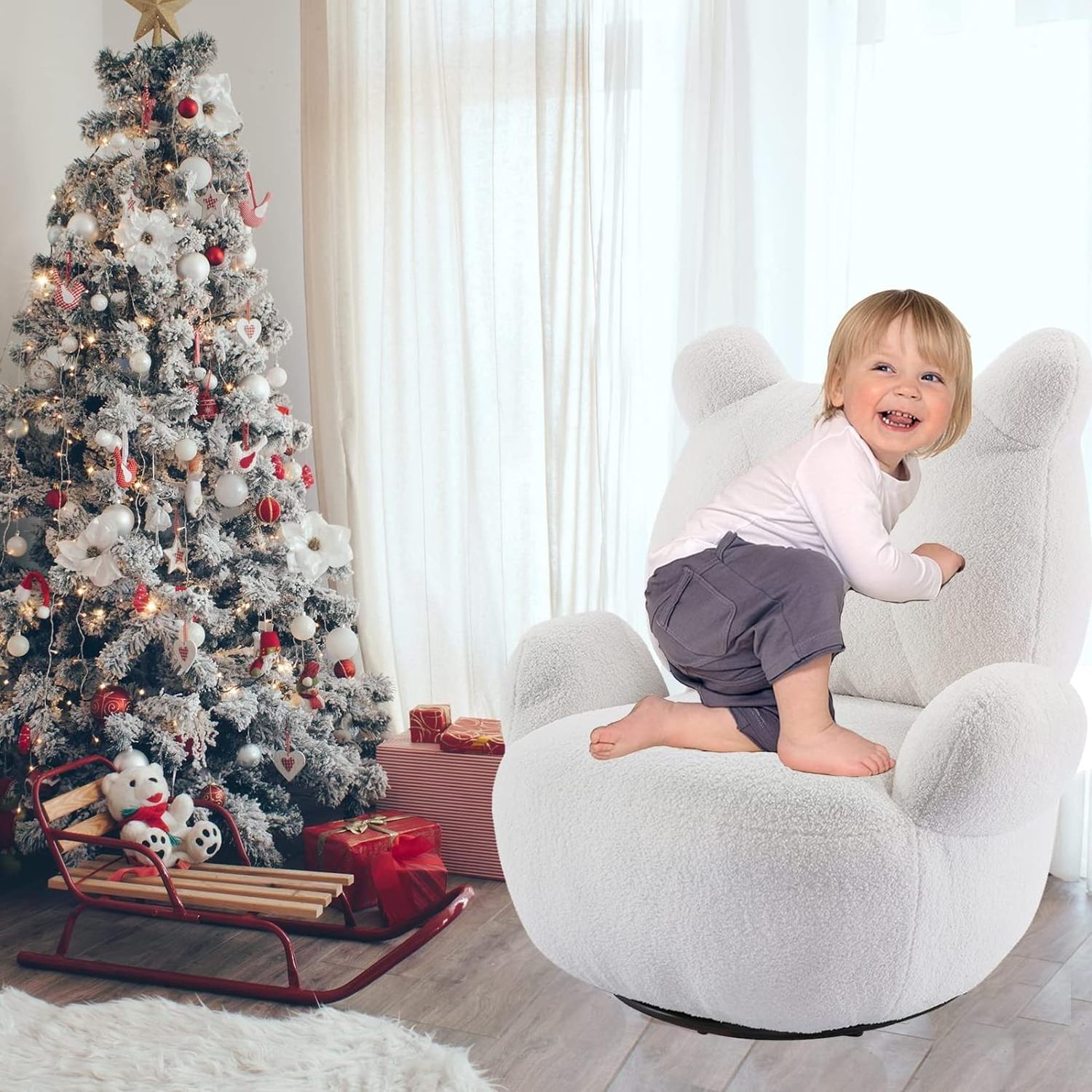 Velvet Swivel Accent Chair - Leisure Armchair with Soft Short Plush Particle Velvet, featuring a Cute Bear Beanbag Design