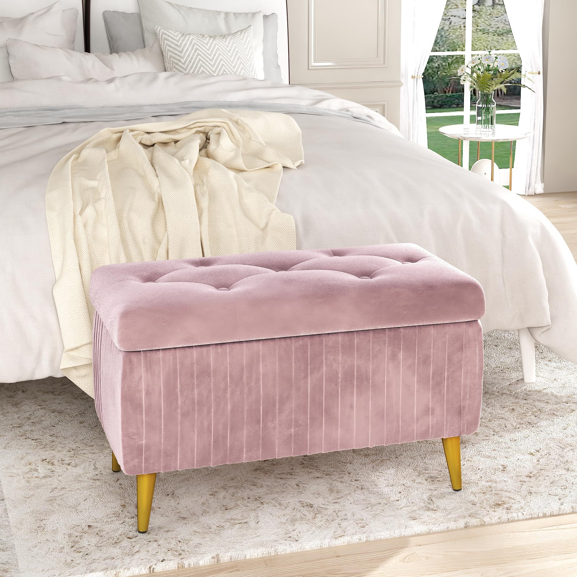 Wholesale Small Stool Tufted Upholstered Velvet Ottoman Stool with Storage Flip Top Bedroom Bench