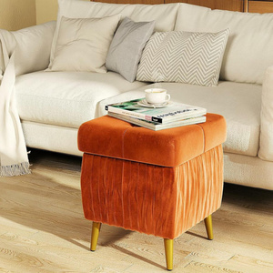 Modern 15.74" Square Velvet Flip Top Upholstered Bench Tufted Storage Ottoman Orange Stool for Entryway Living Room