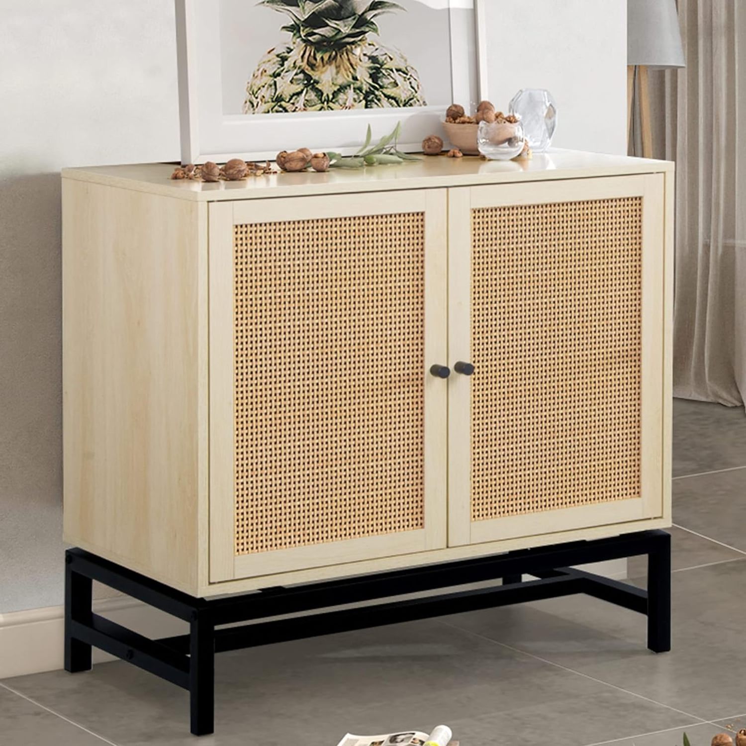 Livig Room Cabinet with 2 Storage and Rattan Doors Sideboard with Adjustable Shelf Console Table for Dining Room End Cabinet