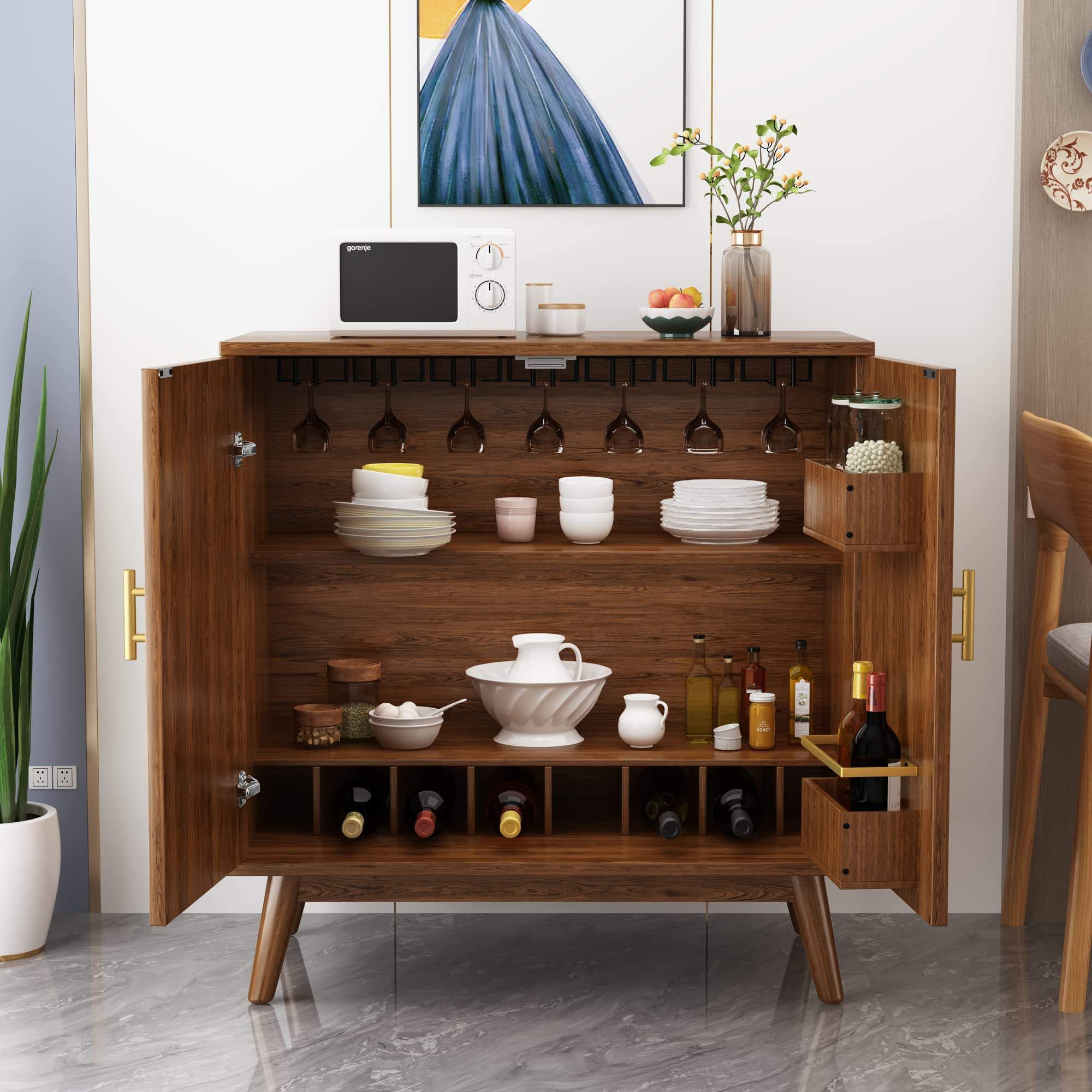 New Liquor Cabinet with Wine Rack and Glasses Holder - Arrival Wine Cabinet featuring Storage, 2 Doors, and Buffet Sideboard