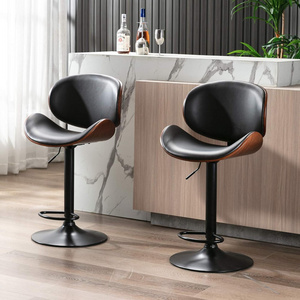 Walnut Gas-Lift Adjustable PU Leather Bar Counter Dining Stools Luxury for Home Restaurant Pub Leather Bar Height Dining Chairs