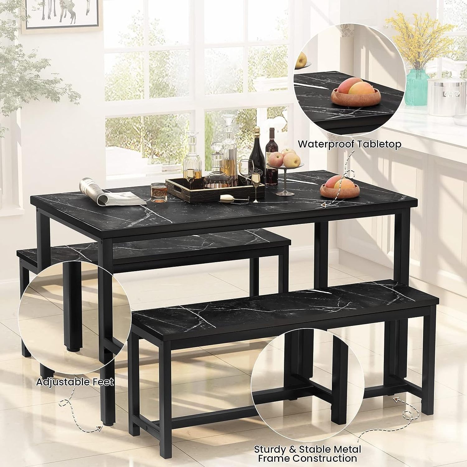 New Arrival with 2 Benches Classic Black Marble Dining Table and Benches Set for 4-6 Luxury Marble Benches Dining Table Set