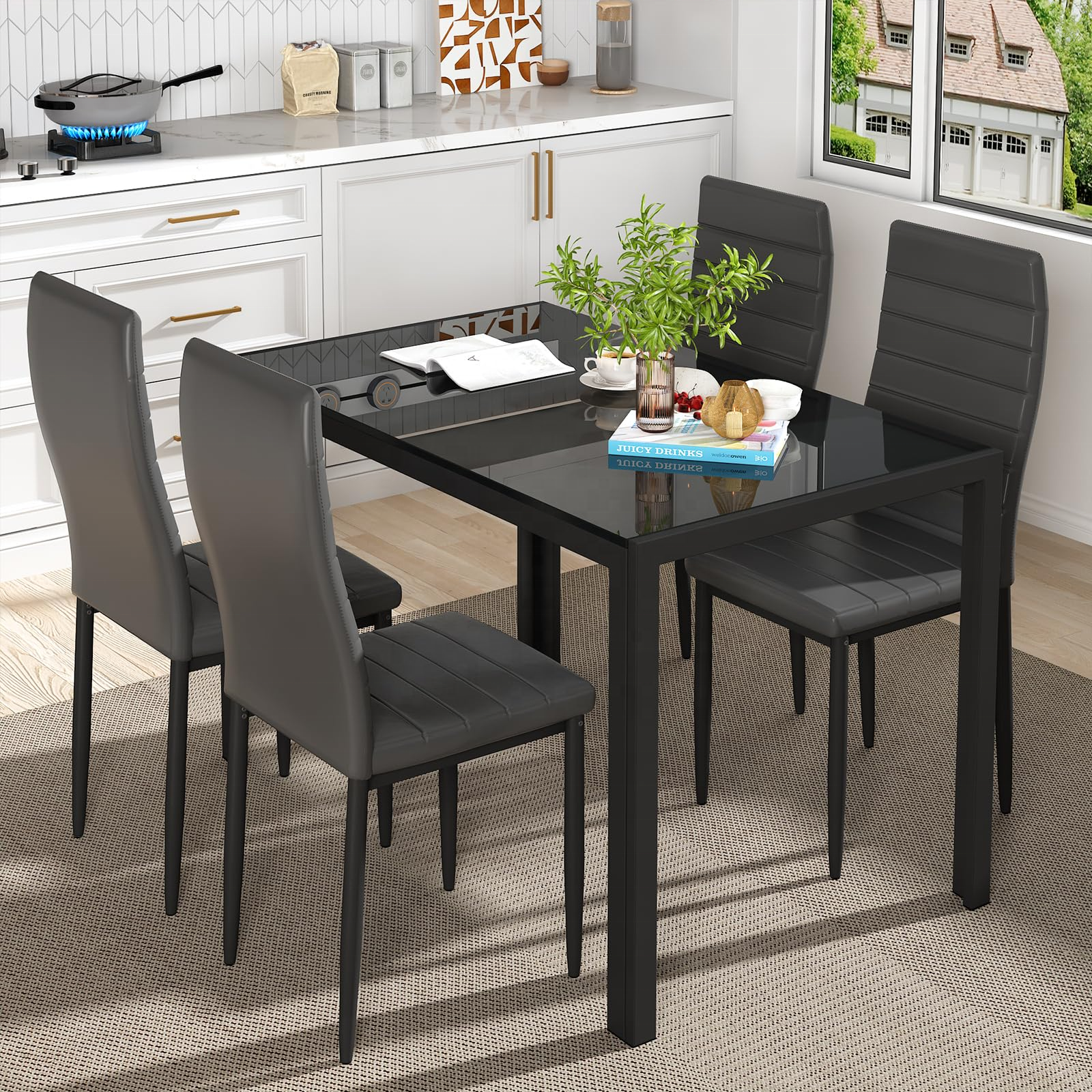 Eco-environment Vogue Fashion Dining Table and Chairs Rectangle Black Stable Restaurant Table Set with 4 chairs