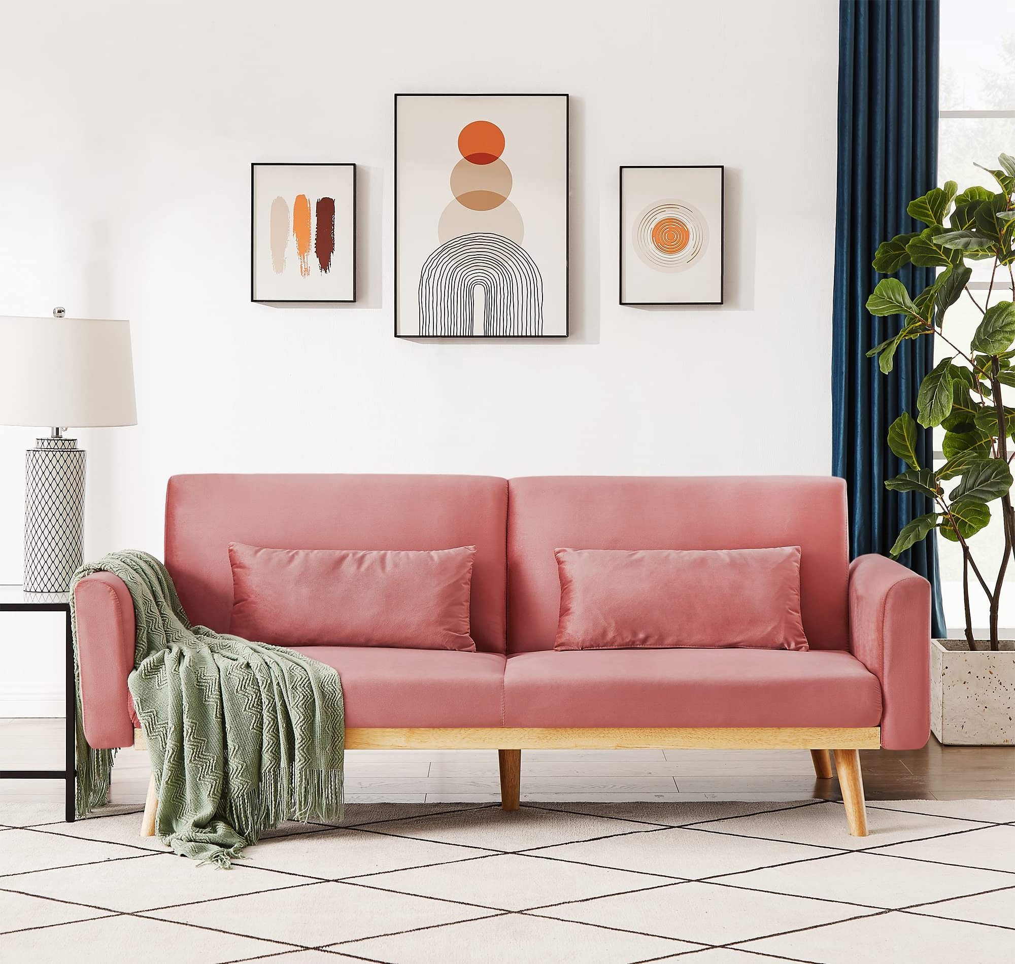 Pink Velvet Futon Sofa Bed: Wooden Frame, Convertible Daybed Loveseat with Upholstered Recliner and Pillow